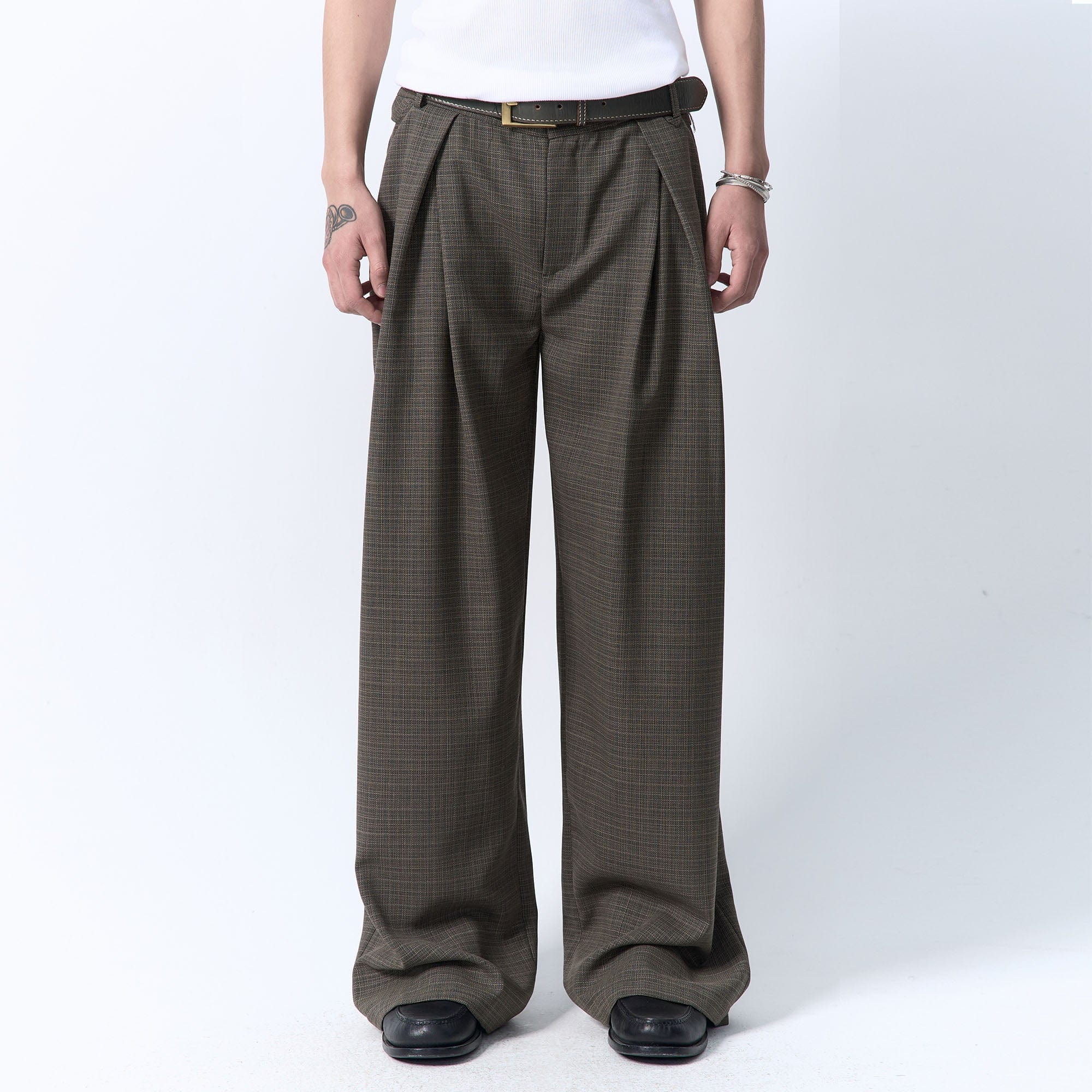 IN EXISTENCE Inverted Pleats Mini Check Wide-Leg Trousers, premium urban and streetwear designers apparel on PROJECTISR.com, IN EXISTENCE