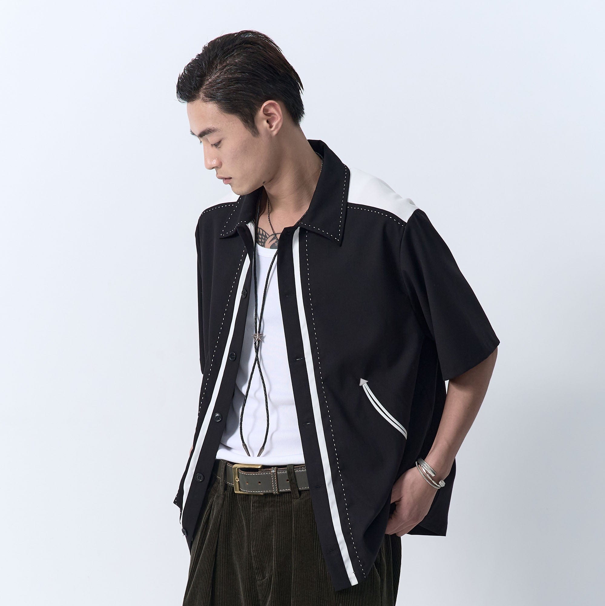 IN EXISTENCE Contrast-Panel Stitch Half Shirt, premium urban and streetwear designers apparel on PROJECTISR.com, IN EXISTENCE