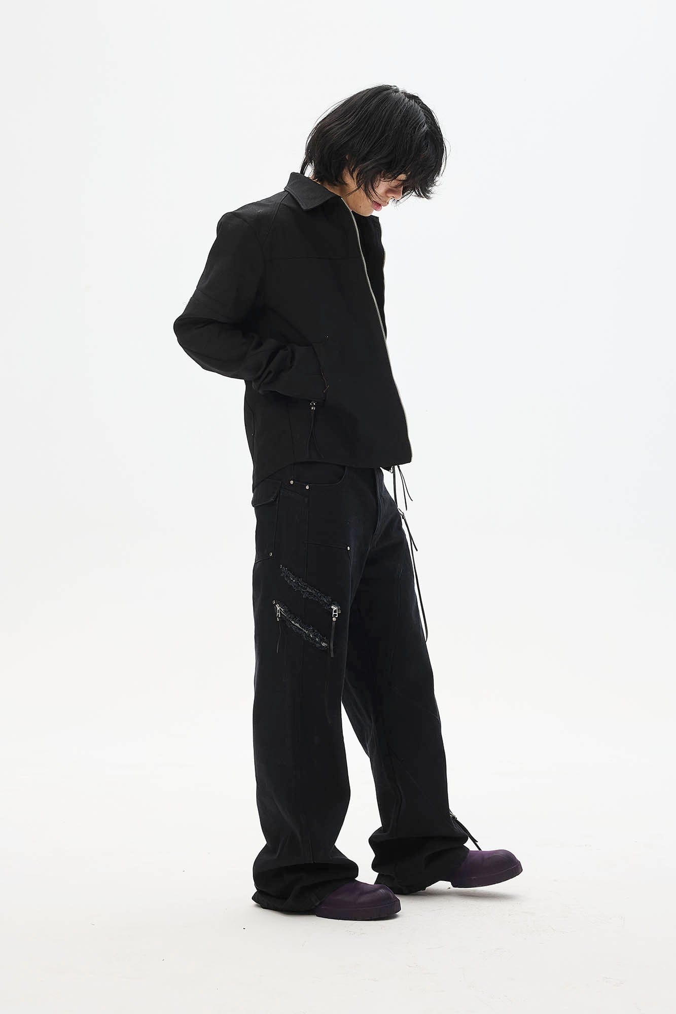 WHISTLEHUNTER Asymmetrical Zipper Frayed Flared Pants