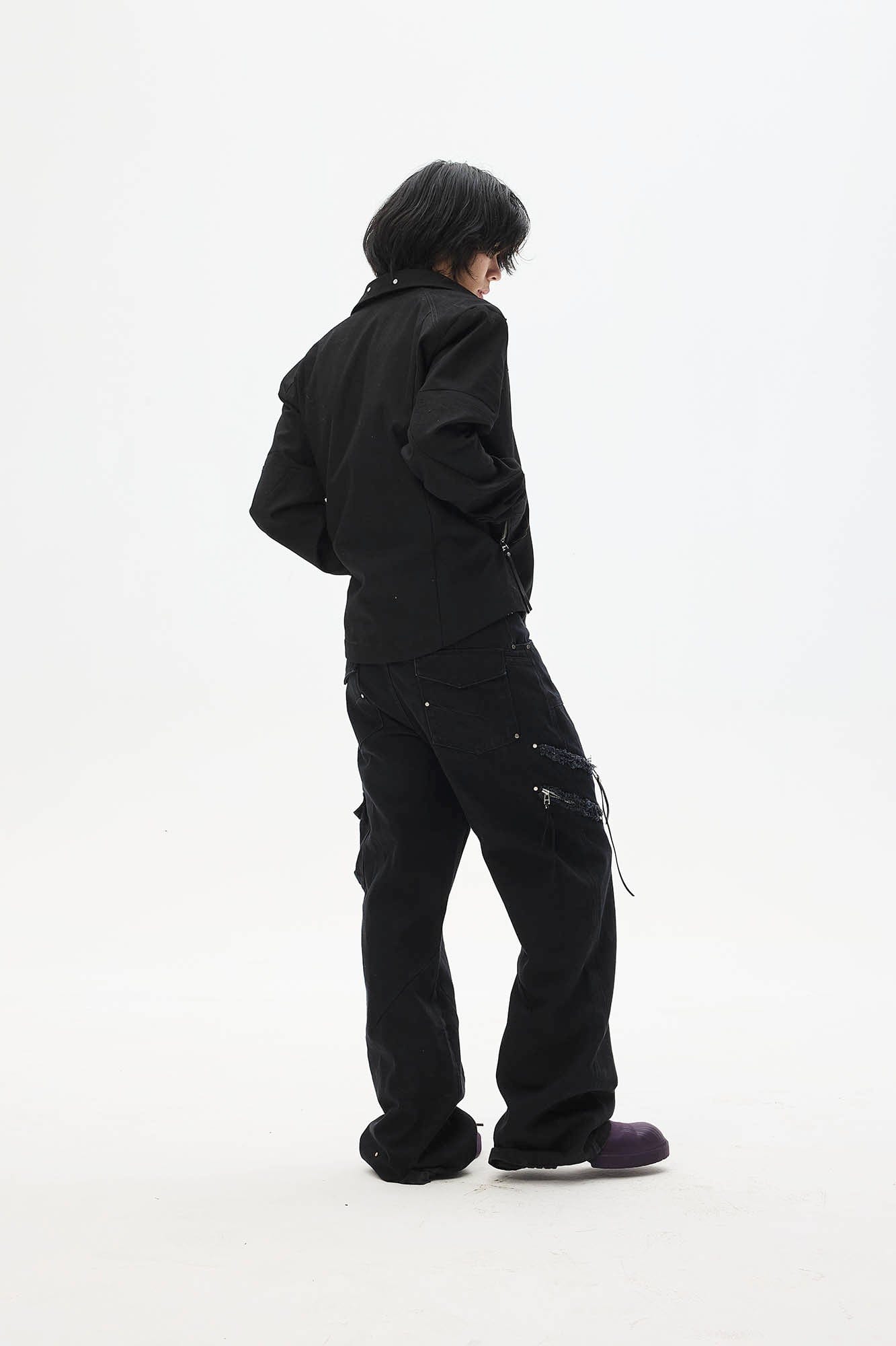 WHISTLEHUNTER Asymmetrical Zipper Frayed Flared Pants