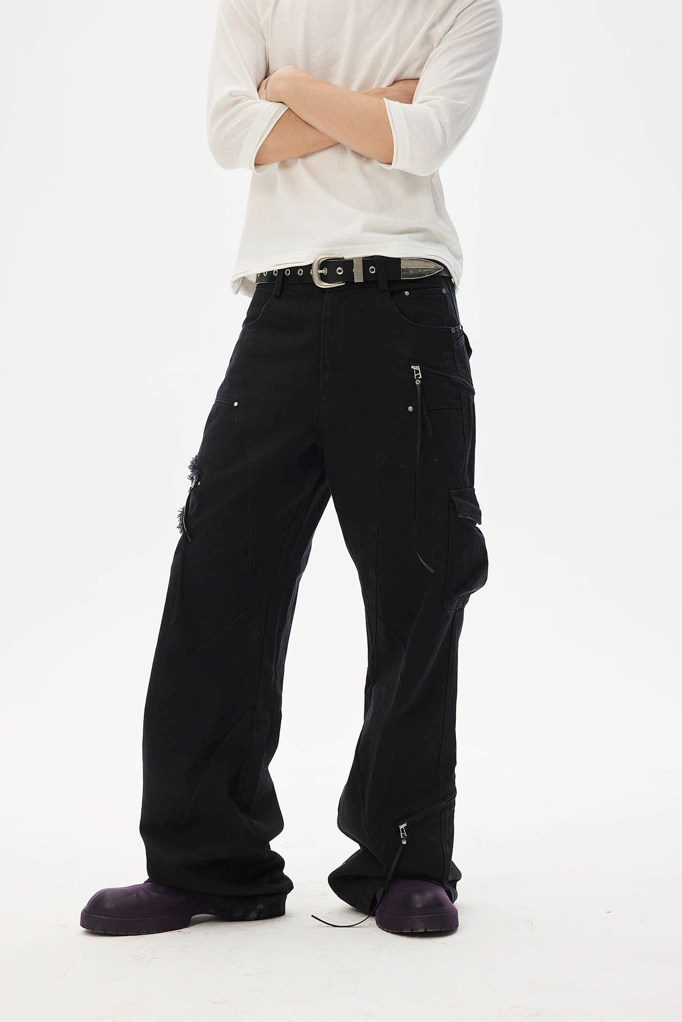 WHISTLEHUNTER Asymmetrical Zipper Frayed Flared Pants