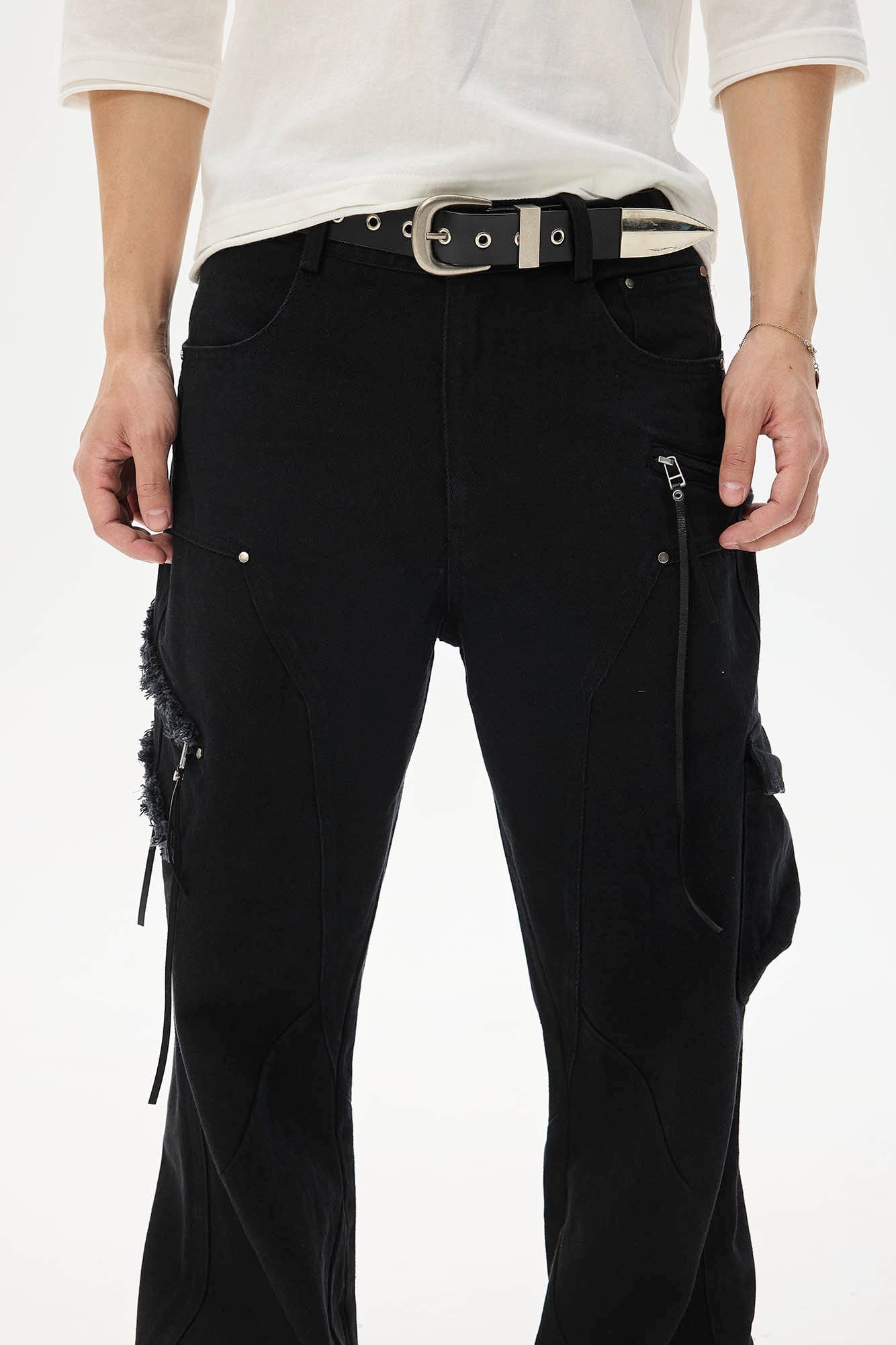 WHISTLEHUNTER Asymmetrical Zipper Frayed Flared Pants