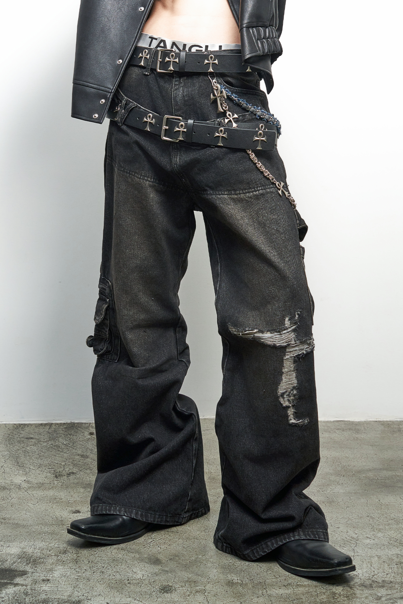ANTI WAR REVIVAL Double Waistband Distressed Washed Flared Jeans