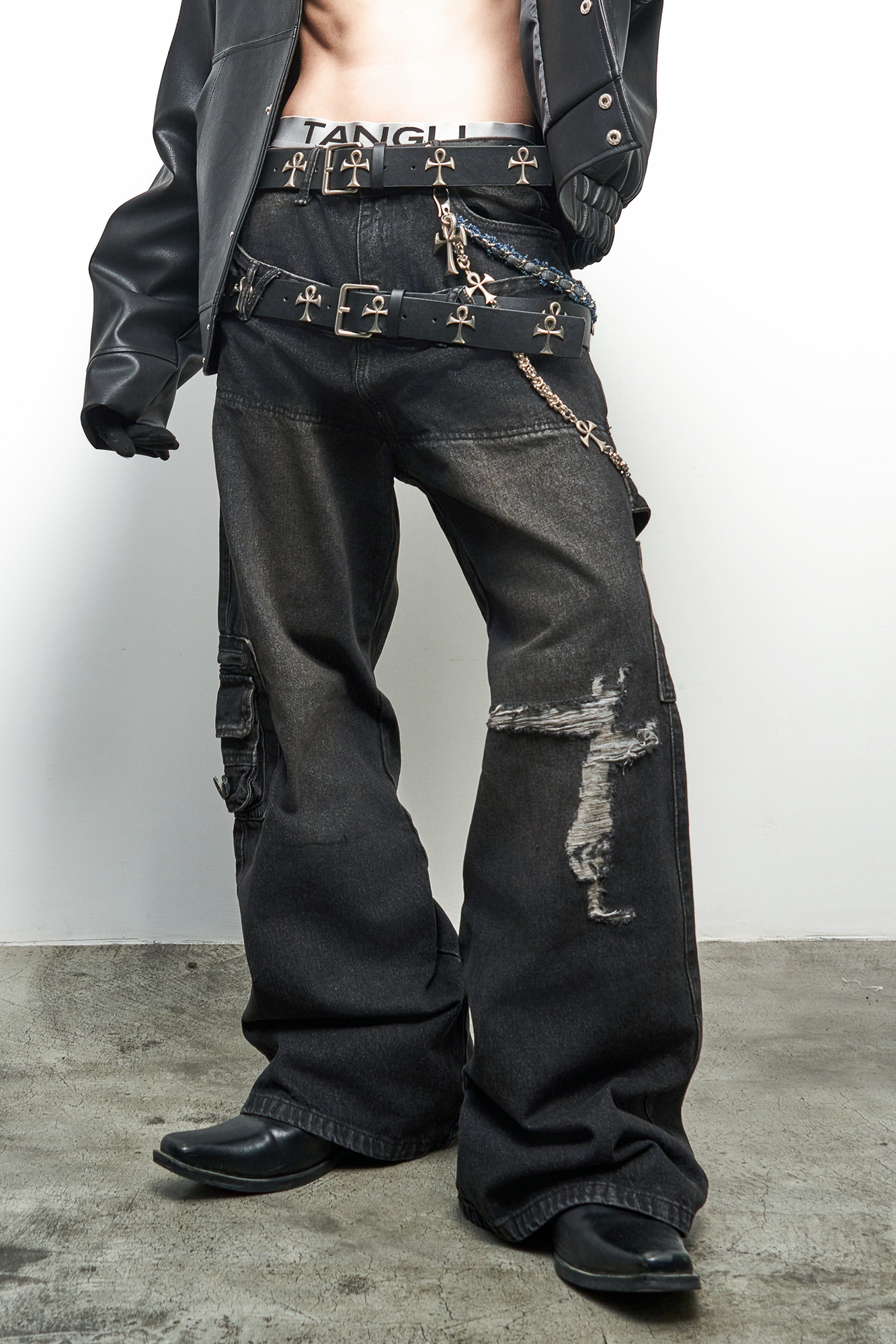 ANTI WAR REVIVAL Double Waistband Distressed Washed Flared Jeans
