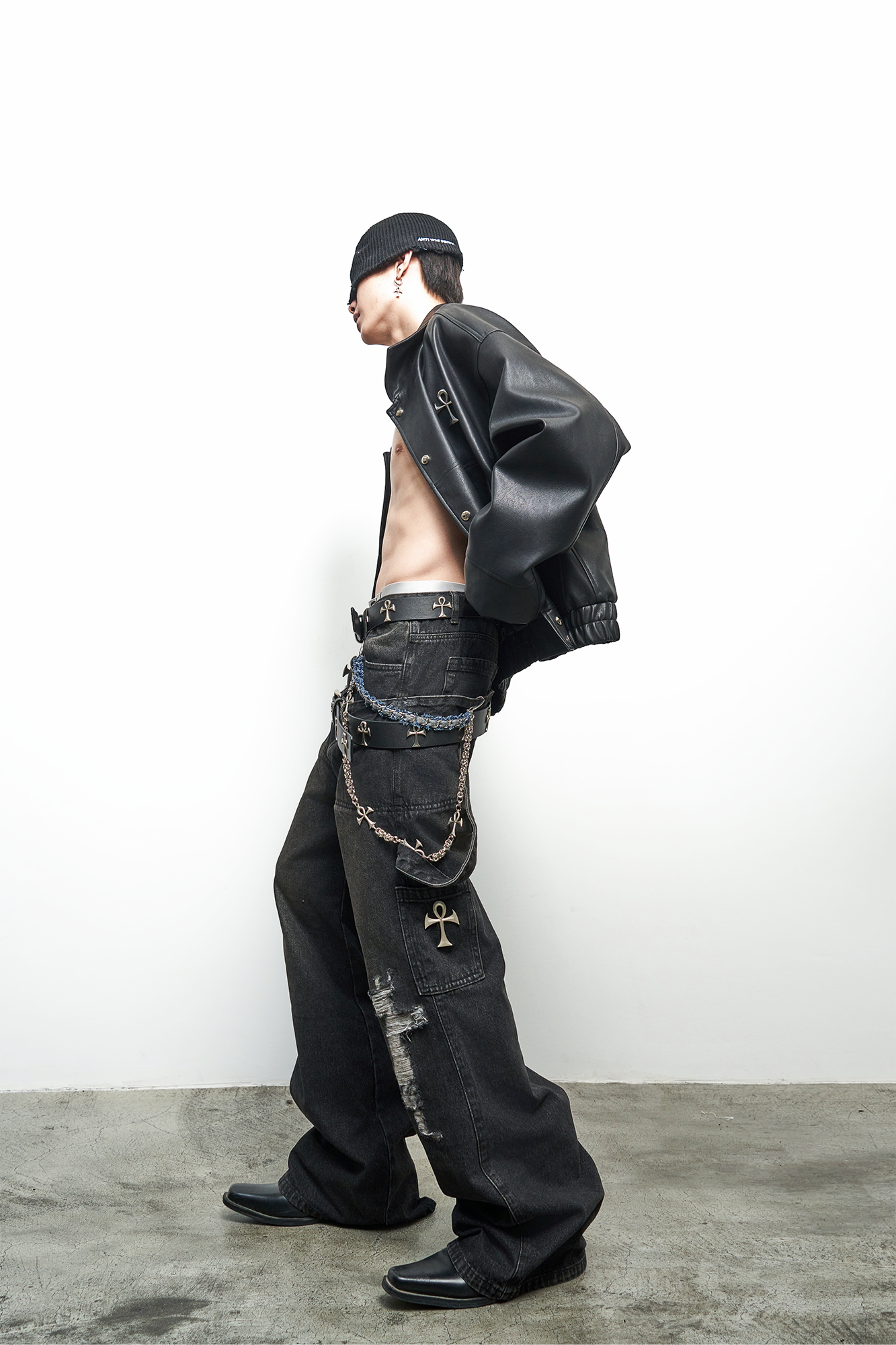 ANTI WAR REVIVAL Double Waistband Distressed Washed Flared Jeans
