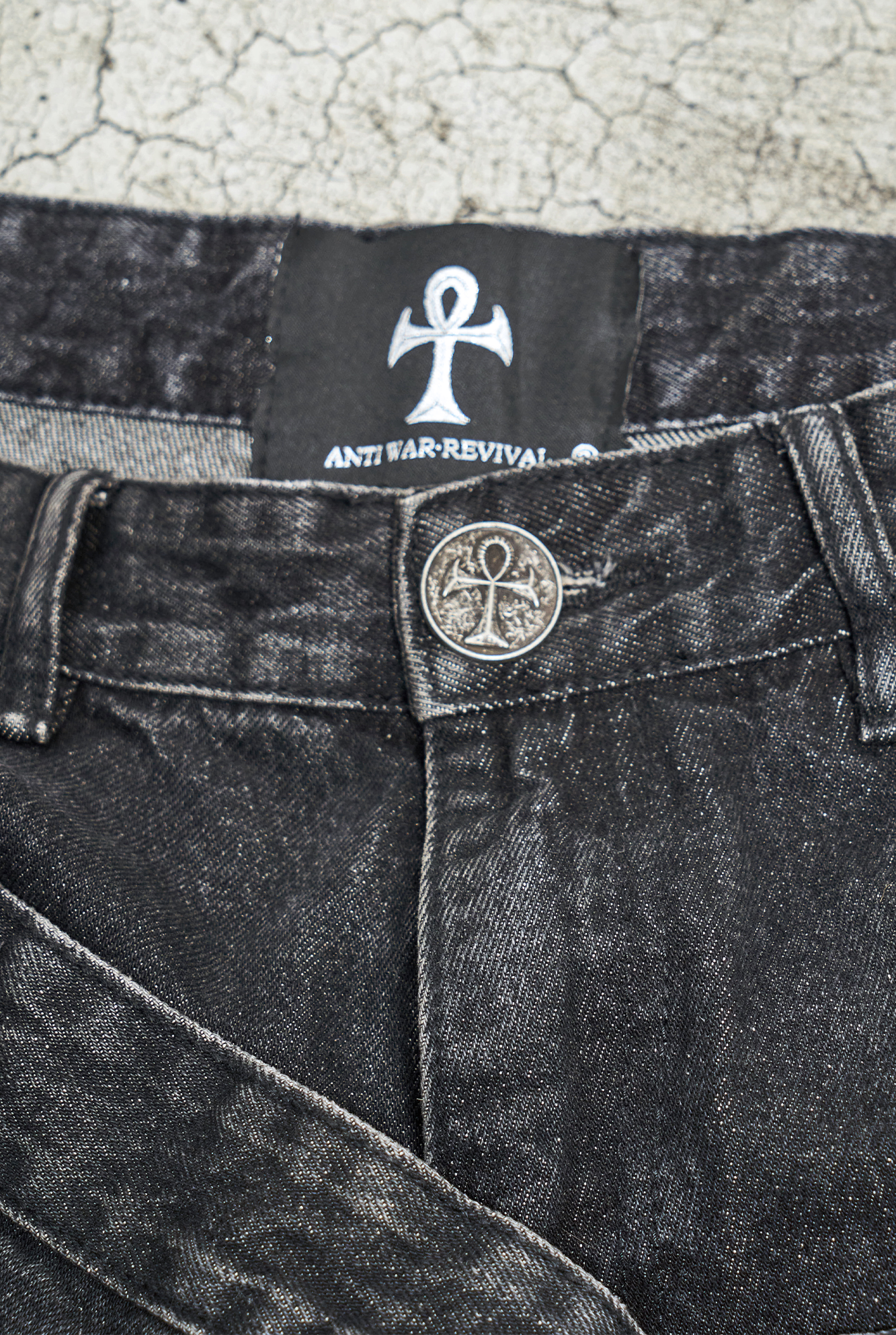 ANTI WAR REVIVAL Double Waistband Distressed Washed Flared Jeans