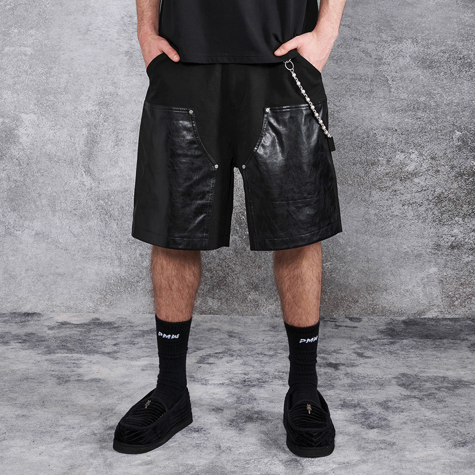 PMW Paneled Faux Leather Rivet Shorts, premium urban and streetwear designers apparel on PROJECTISR.com, PMW