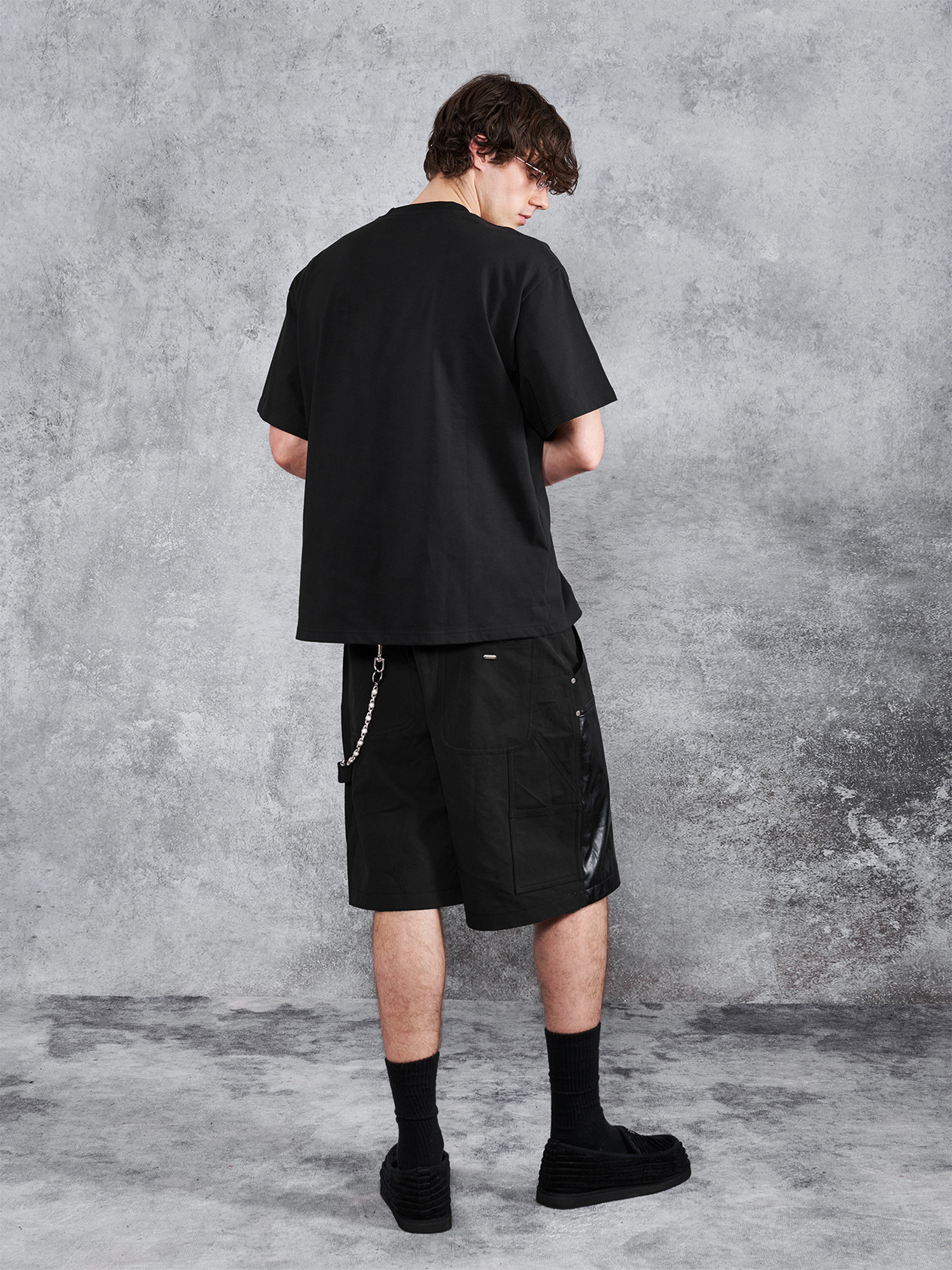 PMW Paneled Faux Leather Rivet Shorts, premium urban and streetwear designers apparel on PROJECTISR.com, PMW