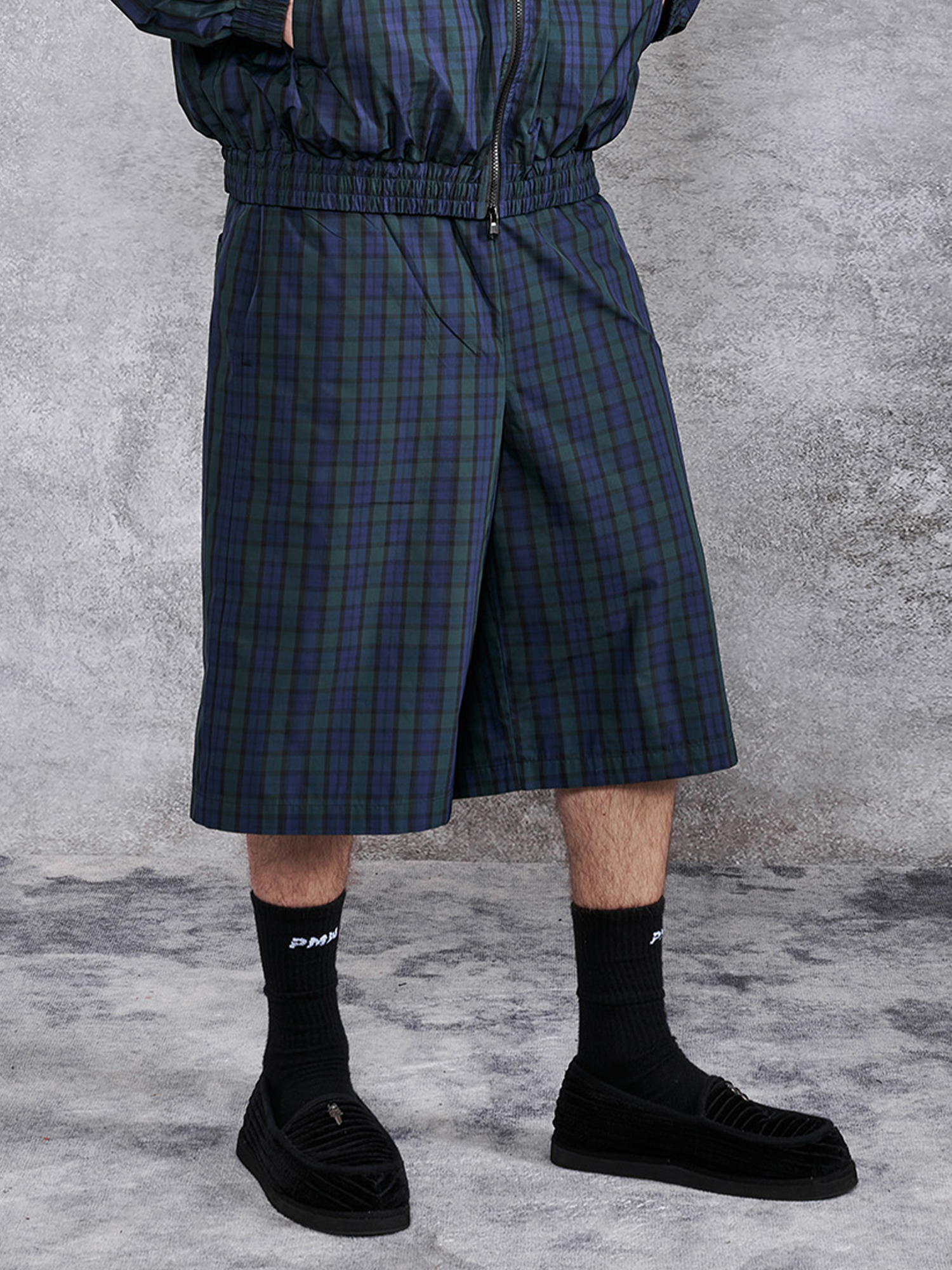 PMW Retro Plaid Drawstring Wide-Leg Shorts, premium urban and streetwear designers apparel on PROJECTISR.com, PMW
