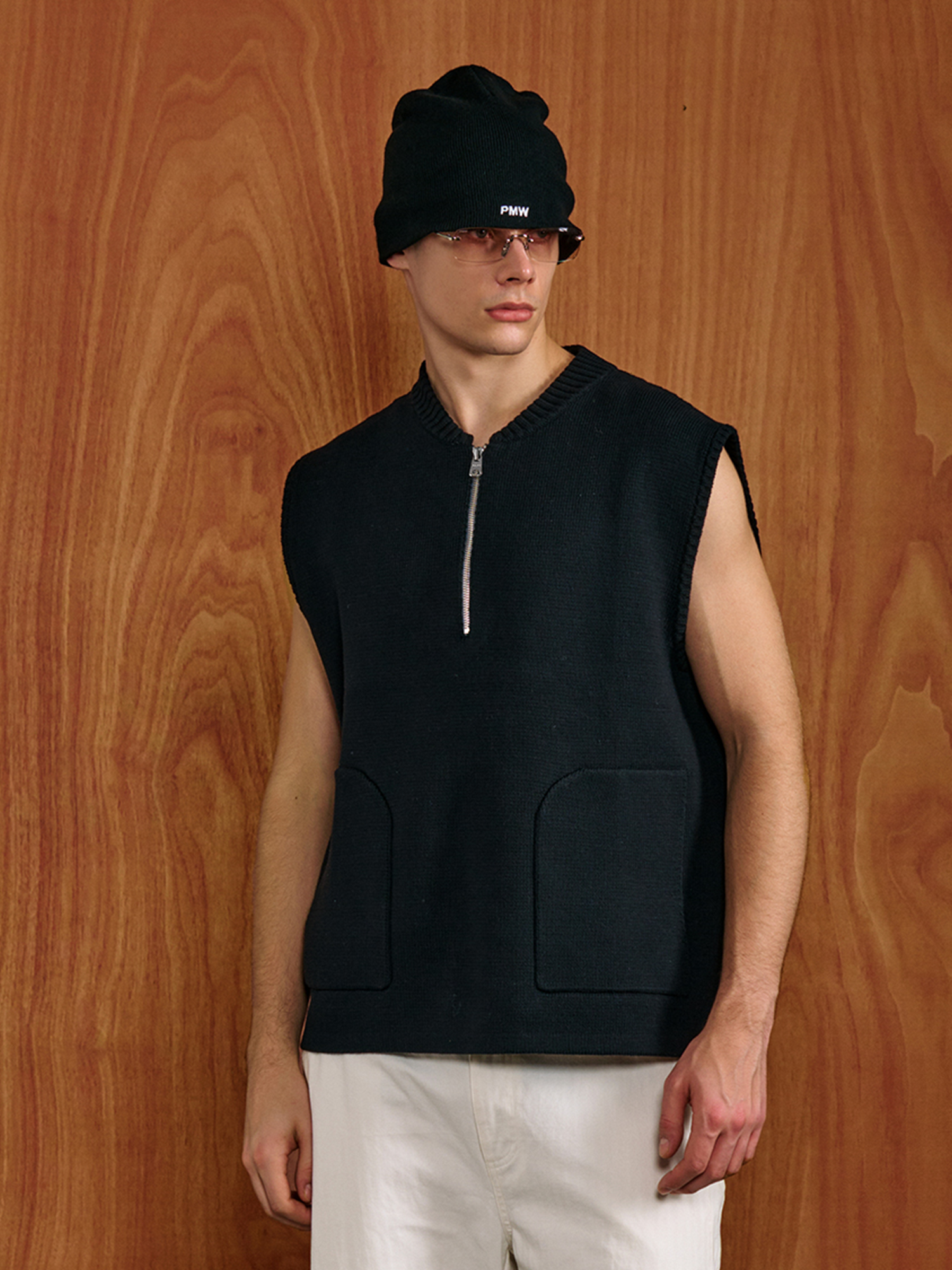 PMW Half-Zip Pockets Knit Vest