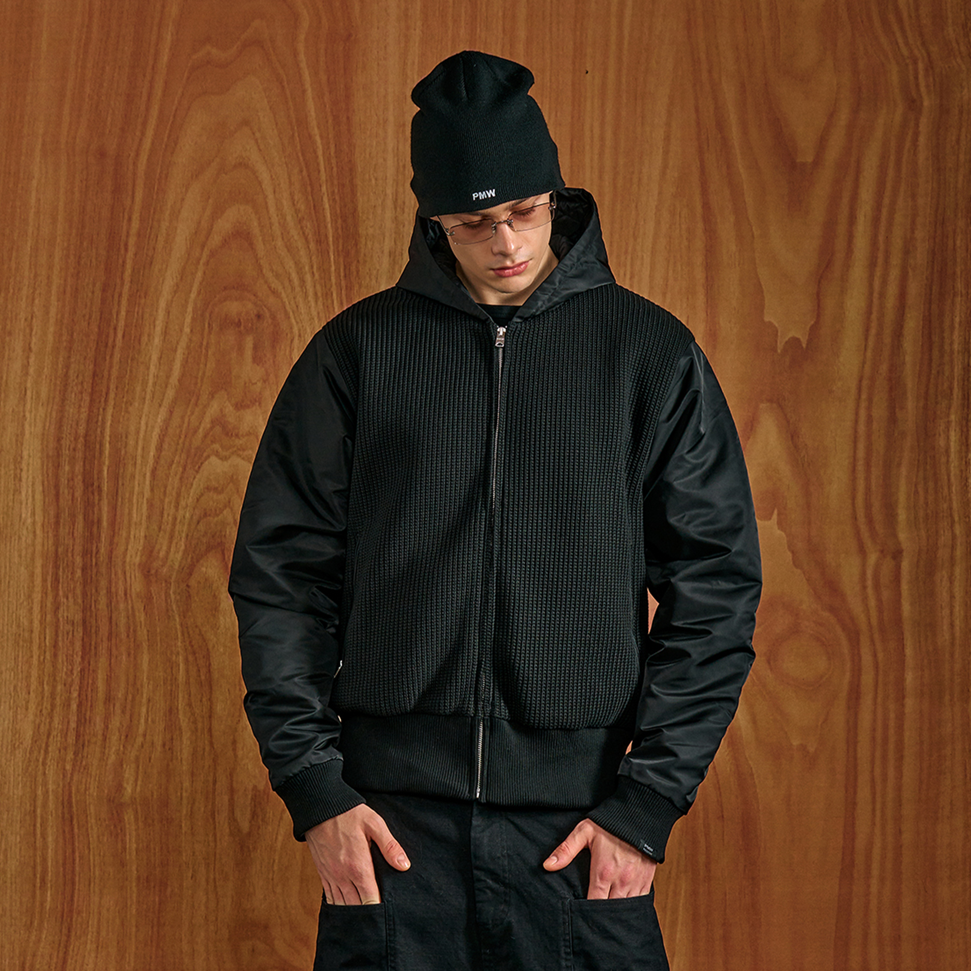 PMW Knitted Panel Ruched-Sleeve Hooded Jacket