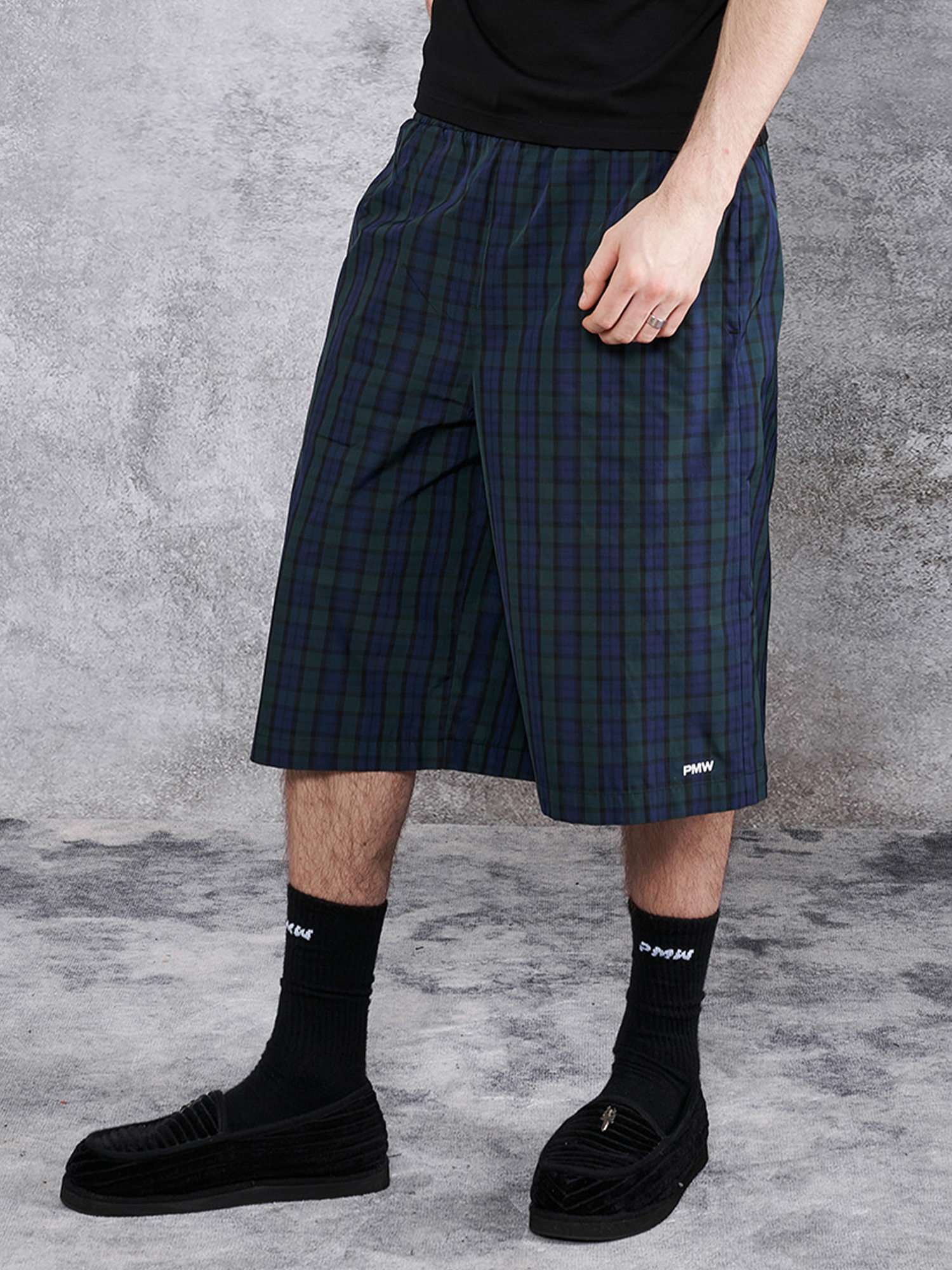 PMW Retro Plaid Drawstring Wide-Leg Shorts, premium urban and streetwear designers apparel on PROJECTISR.com, PMW