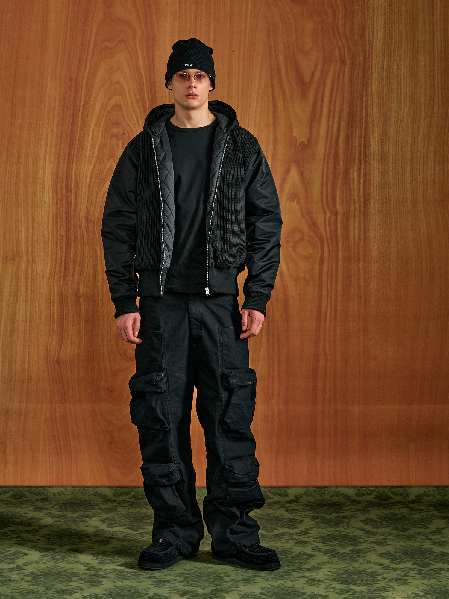 PMW Knitted Panel Ruched-Sleeve Hooded Jacket