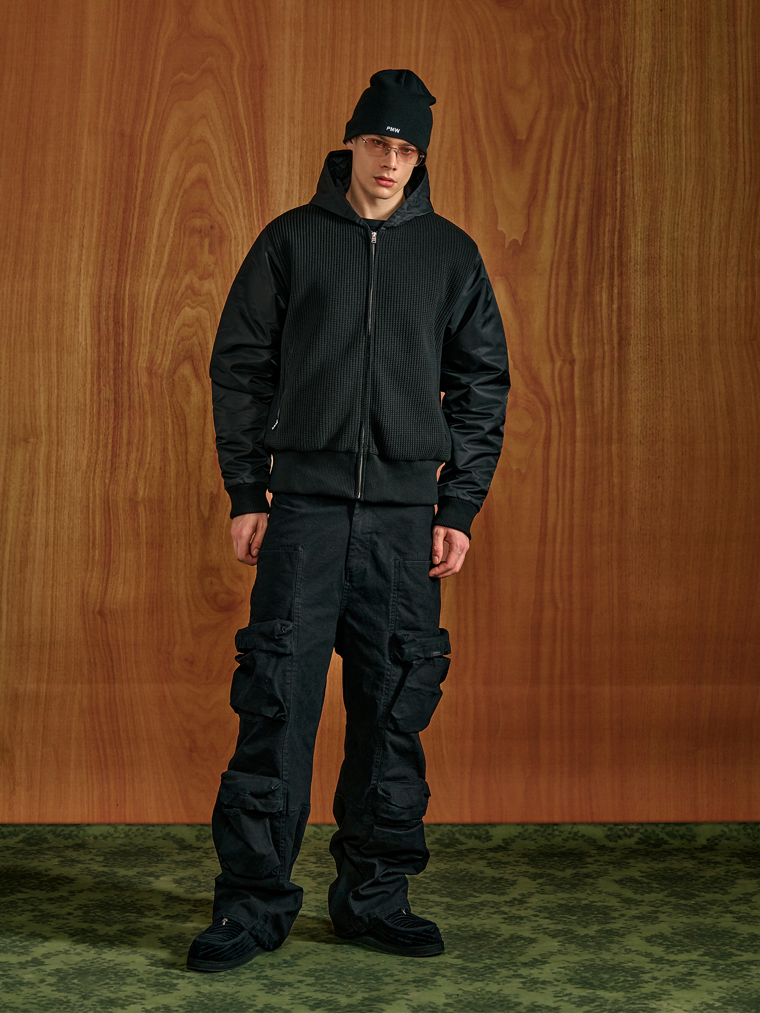 PMW Knitted Panel Ruched-Sleeve Hooded Jacket