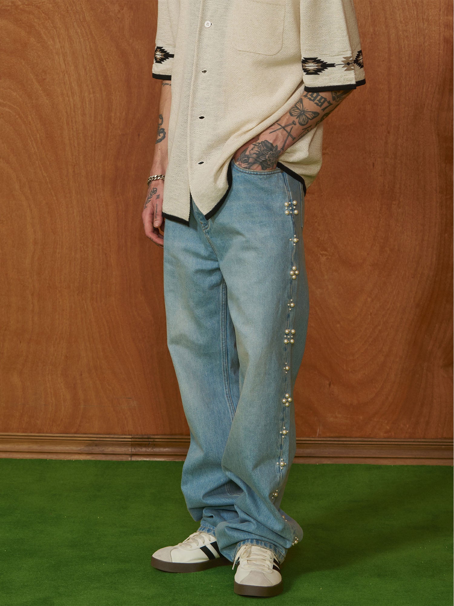 PMW Pearl-Embellished Washed Straight-Leg Jeans, premium urban and streetwear designers apparel on PROJECTISR.com, PMW