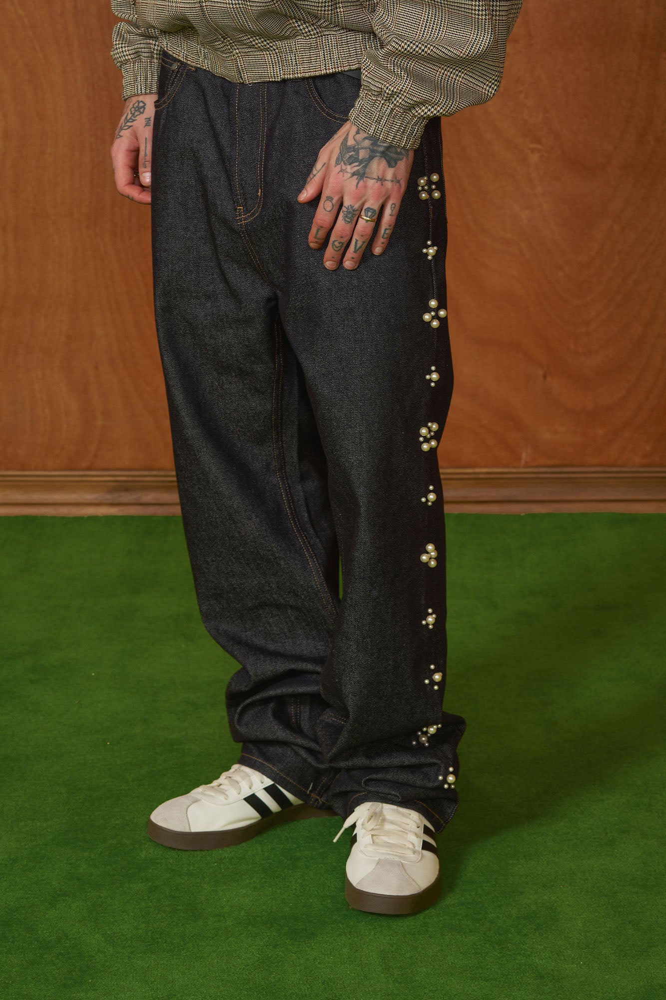 PMW Pearl-Embellished Raw Jeans, premium urban and streetwear designers apparel on PROJECTISR.com, PMW