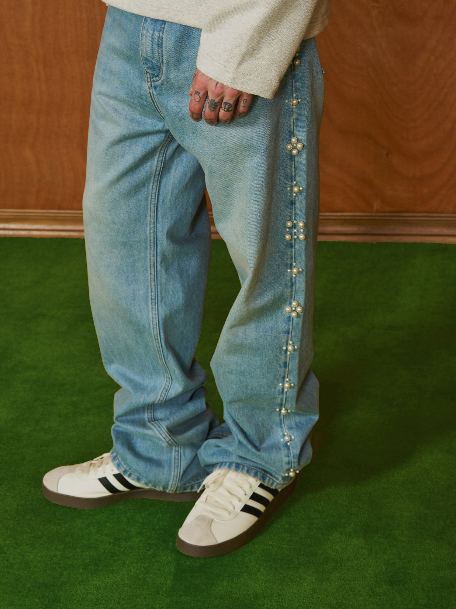 PMW Pearl-Embellished Washed Straight-Leg Jeans, premium urban and streetwear designers apparel on PROJECTISR.com, PMW