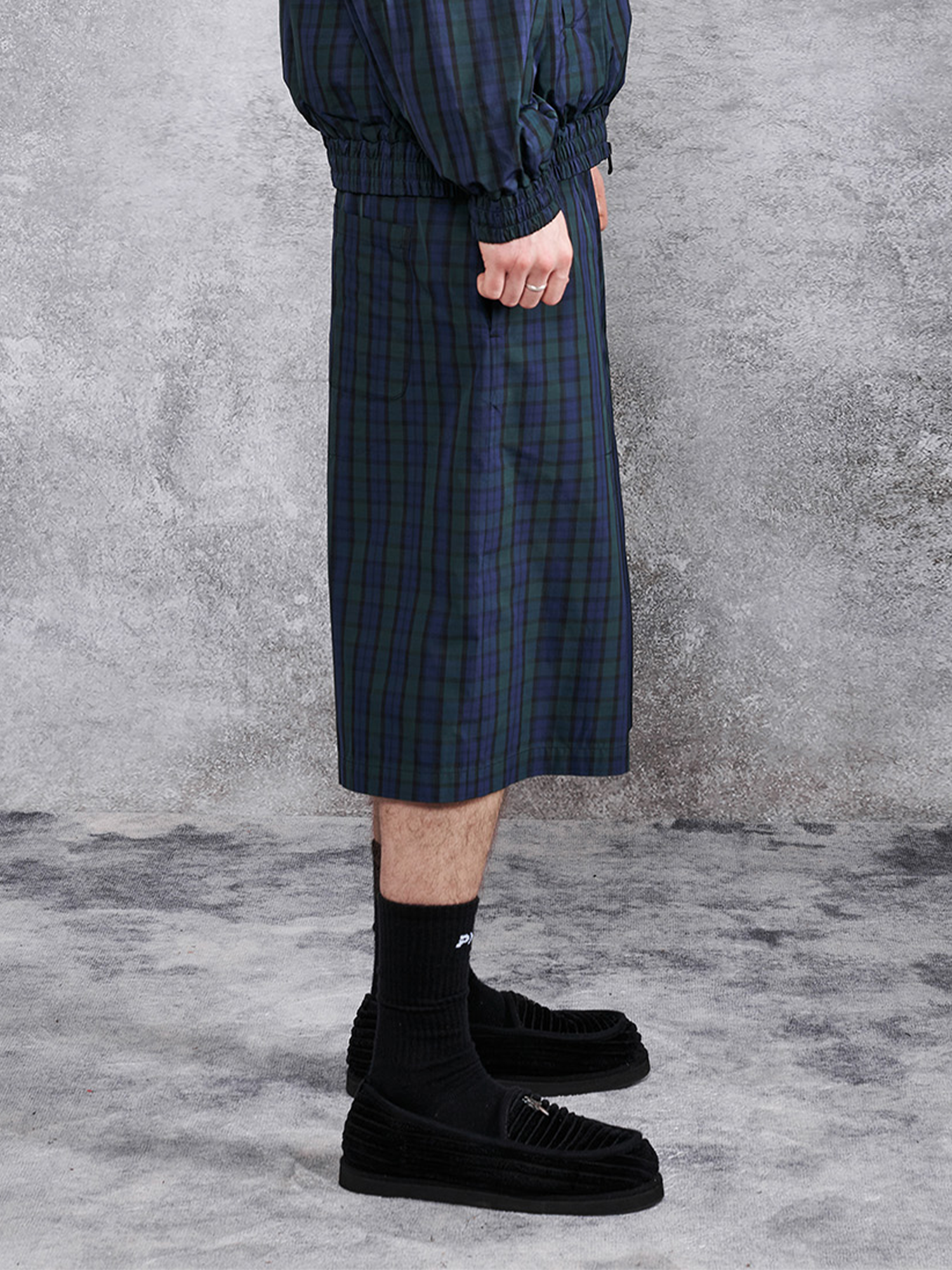 PMW Retro Plaid Drawstring Wide-Leg Shorts, premium urban and streetwear designers apparel on PROJECTISR.com, PMW
