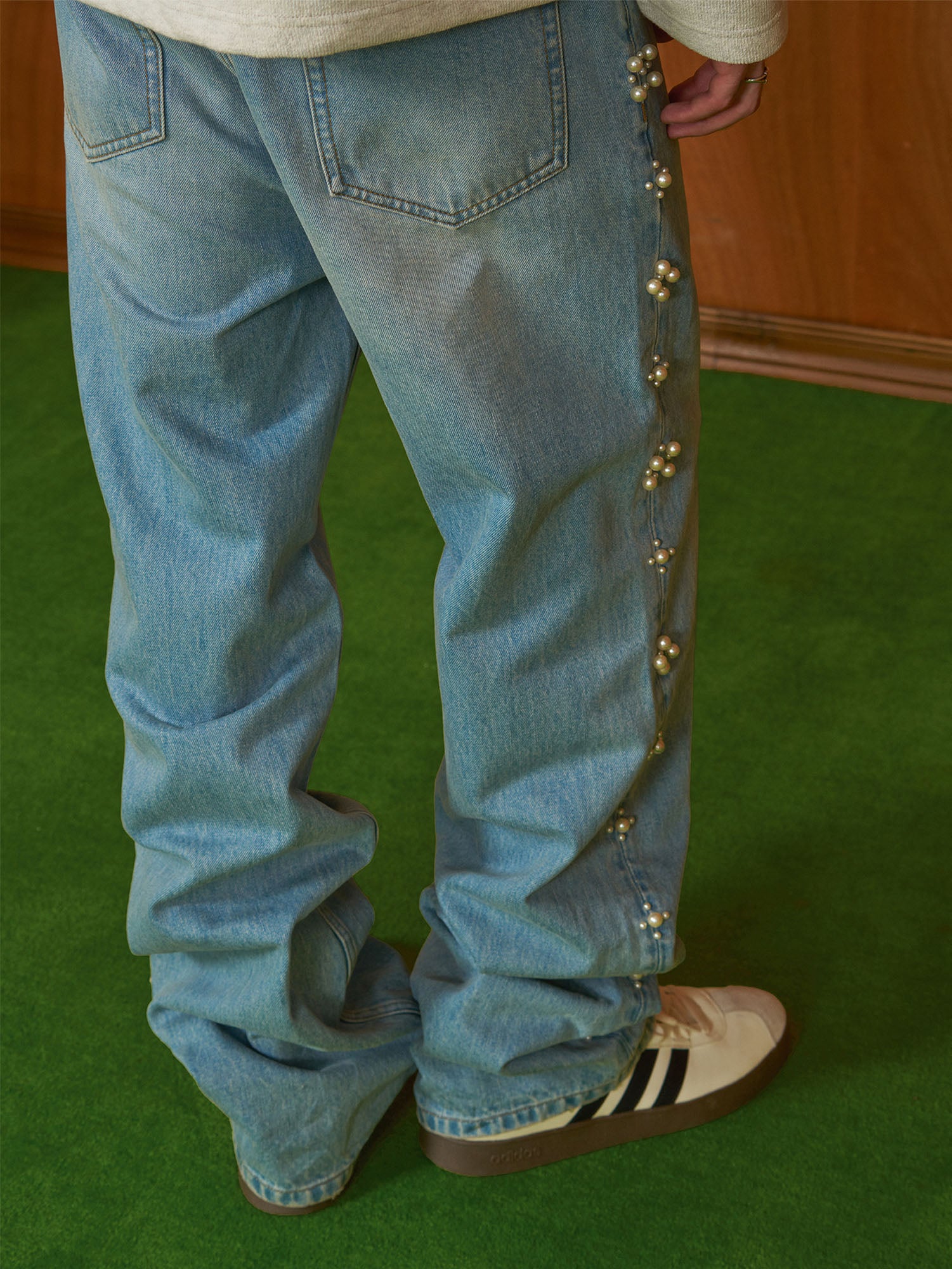 PMW Pearl-Embellished Washed Straight-Leg Jeans, premium urban and streetwear designers apparel on PROJECTISR.com, PMW