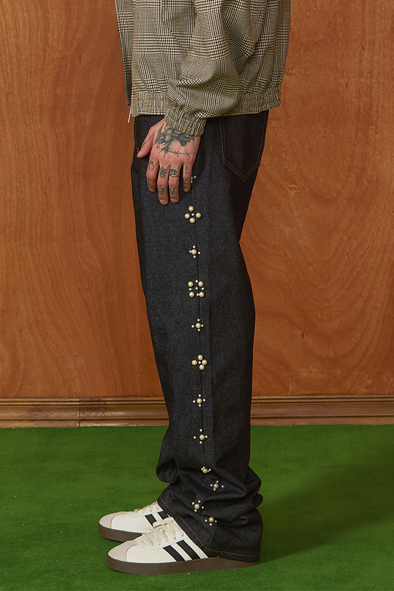 PMW Pearl-Embellished Raw Jeans, premium urban and streetwear designers apparel on PROJECTISR.com, PMW