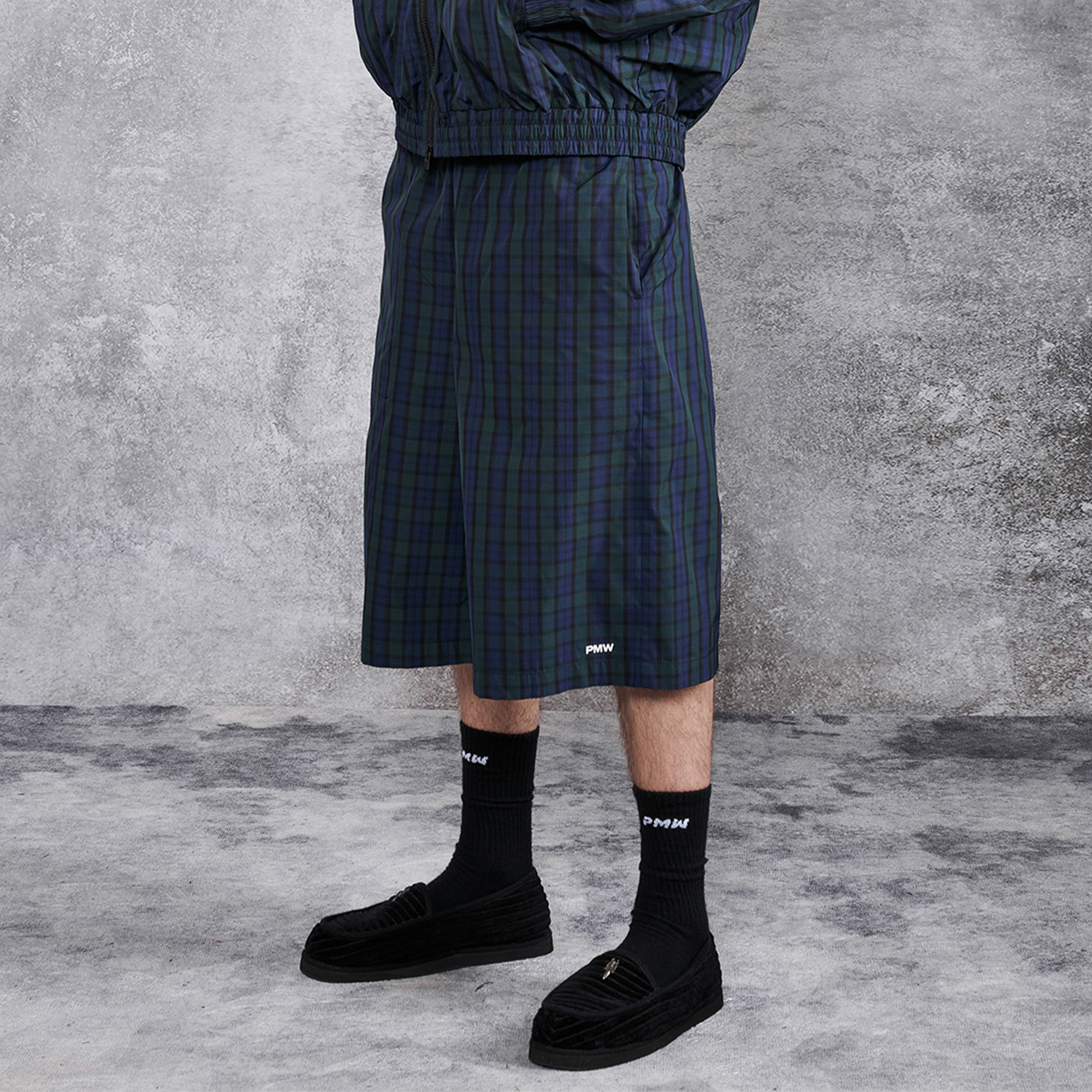 PMW Retro Plaid Drawstring Wide-Leg Shorts, premium urban and streetwear designers apparel on PROJECTISR.com, PMW