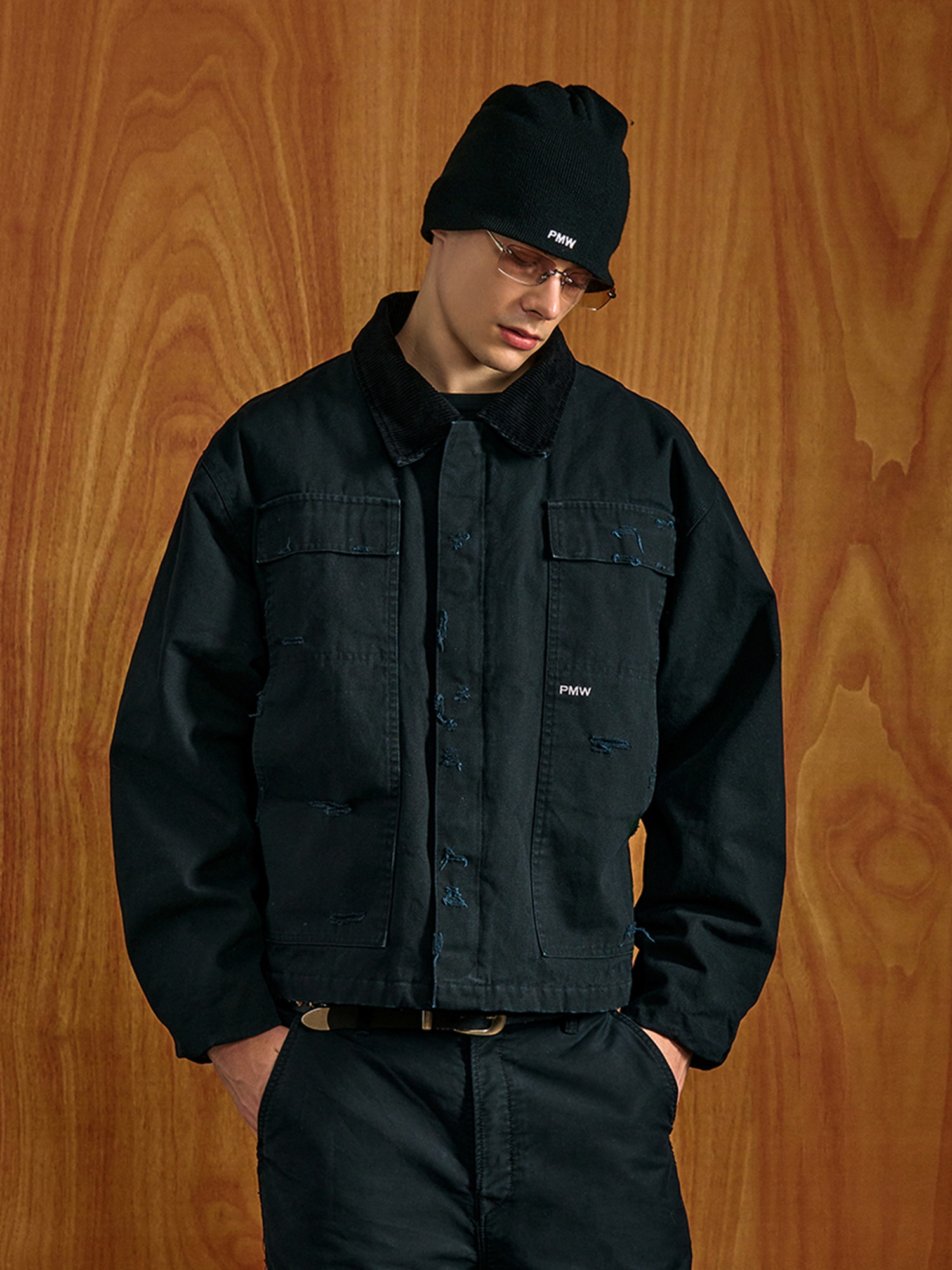 PMW Washed Distressed Corduroy-Collar Jacket