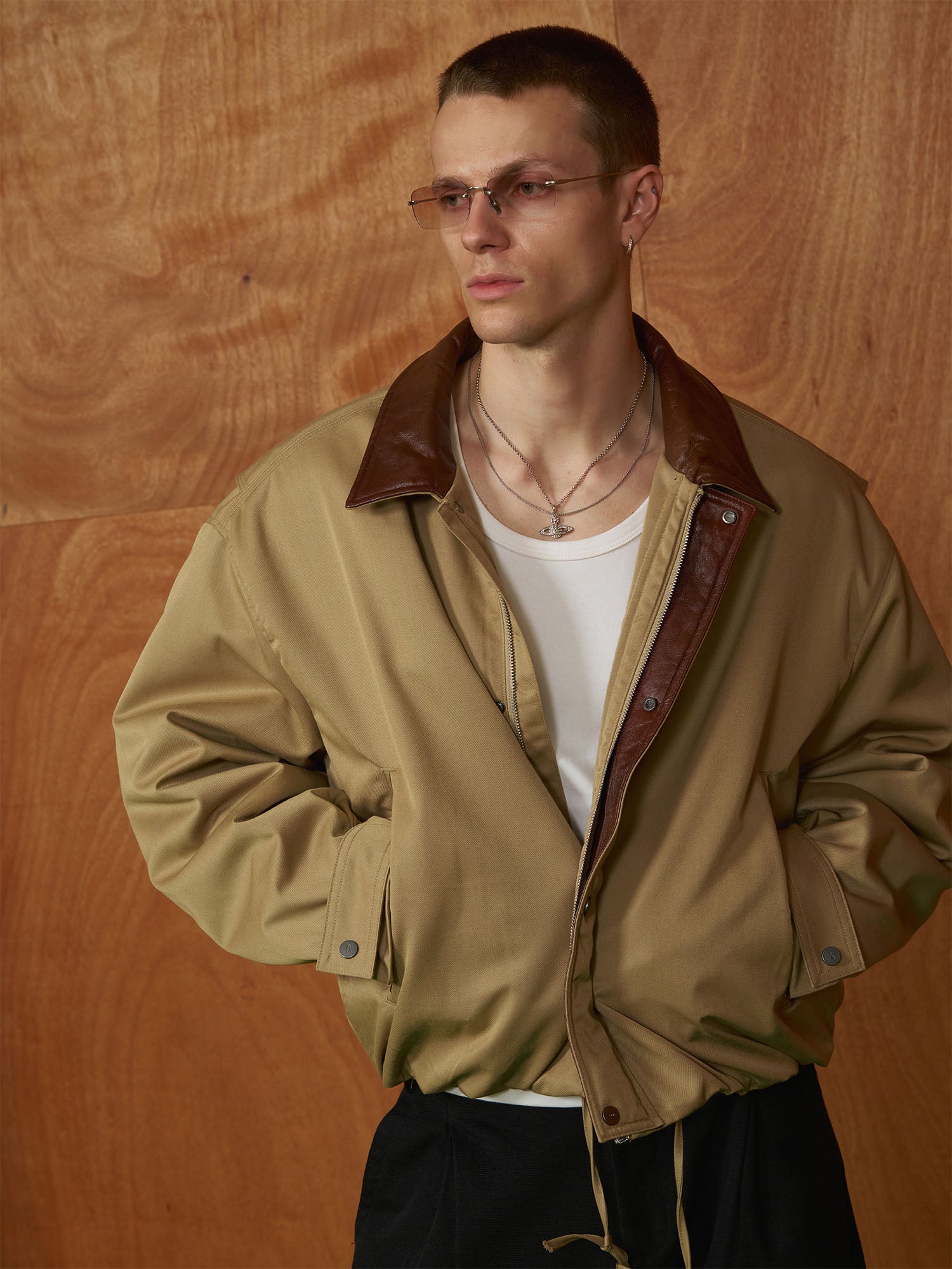 bomber jacket dress shirt PMW Contrast Leather Collar Jacket, S NECKLINE:Round Neck Colour:Dark Green Lining 53% Viscose Lexia Dress In Gold