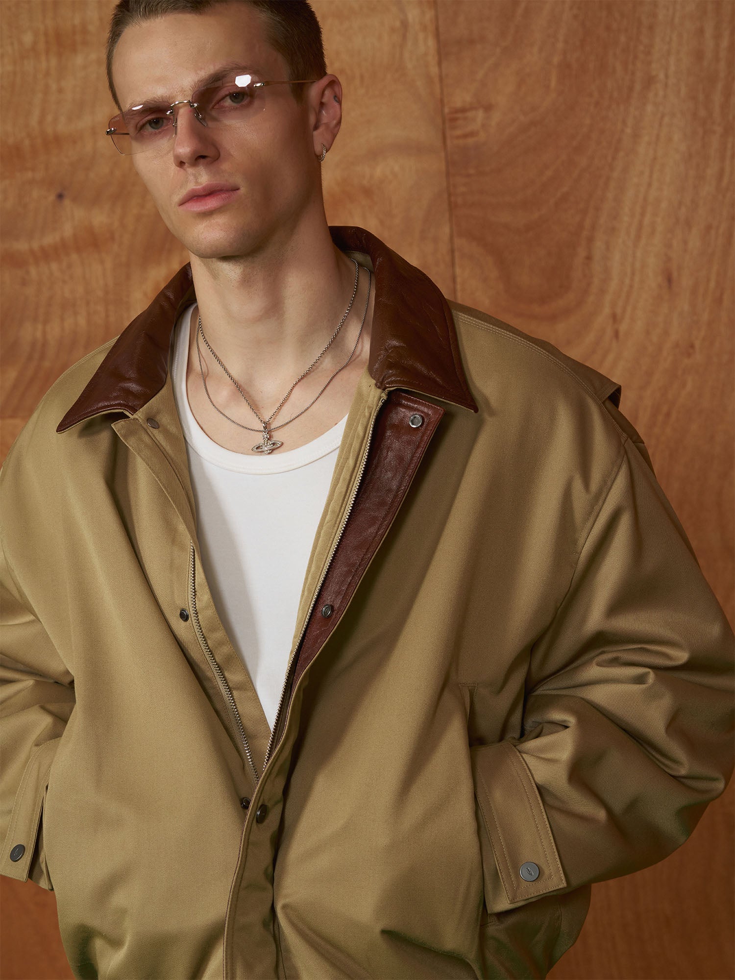 PMW Contrast Leather Collar Bomber Jacket