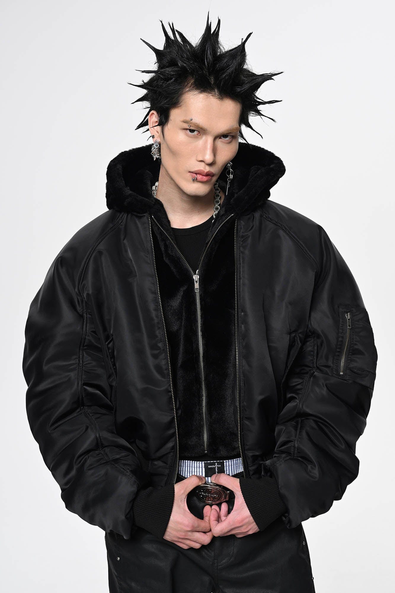 SAVAGEGROWTHWORLD Dual-Layer Faux Fur Hooded Bomber Jacket