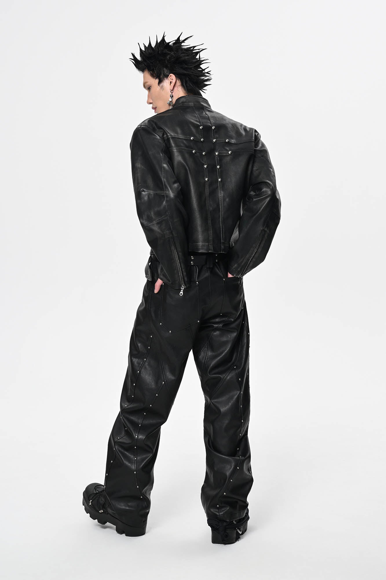 SAVAGEGROWTHWORLD Crossed Spliced Rivet Faux Leather Jacket