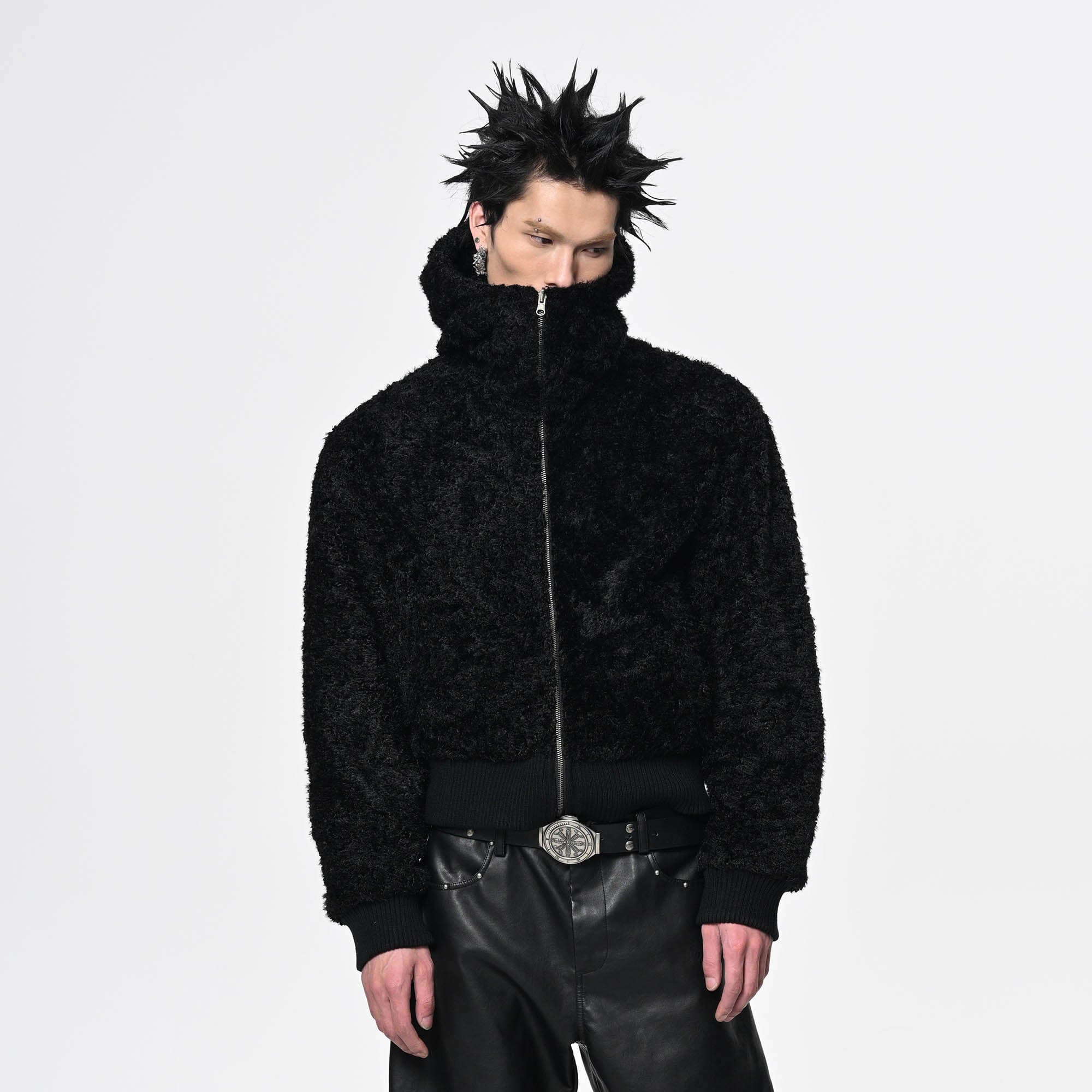 SAVAGEGROWTHWORLD Demon Horn Sherpa Cropped Zip-Up Hoodie