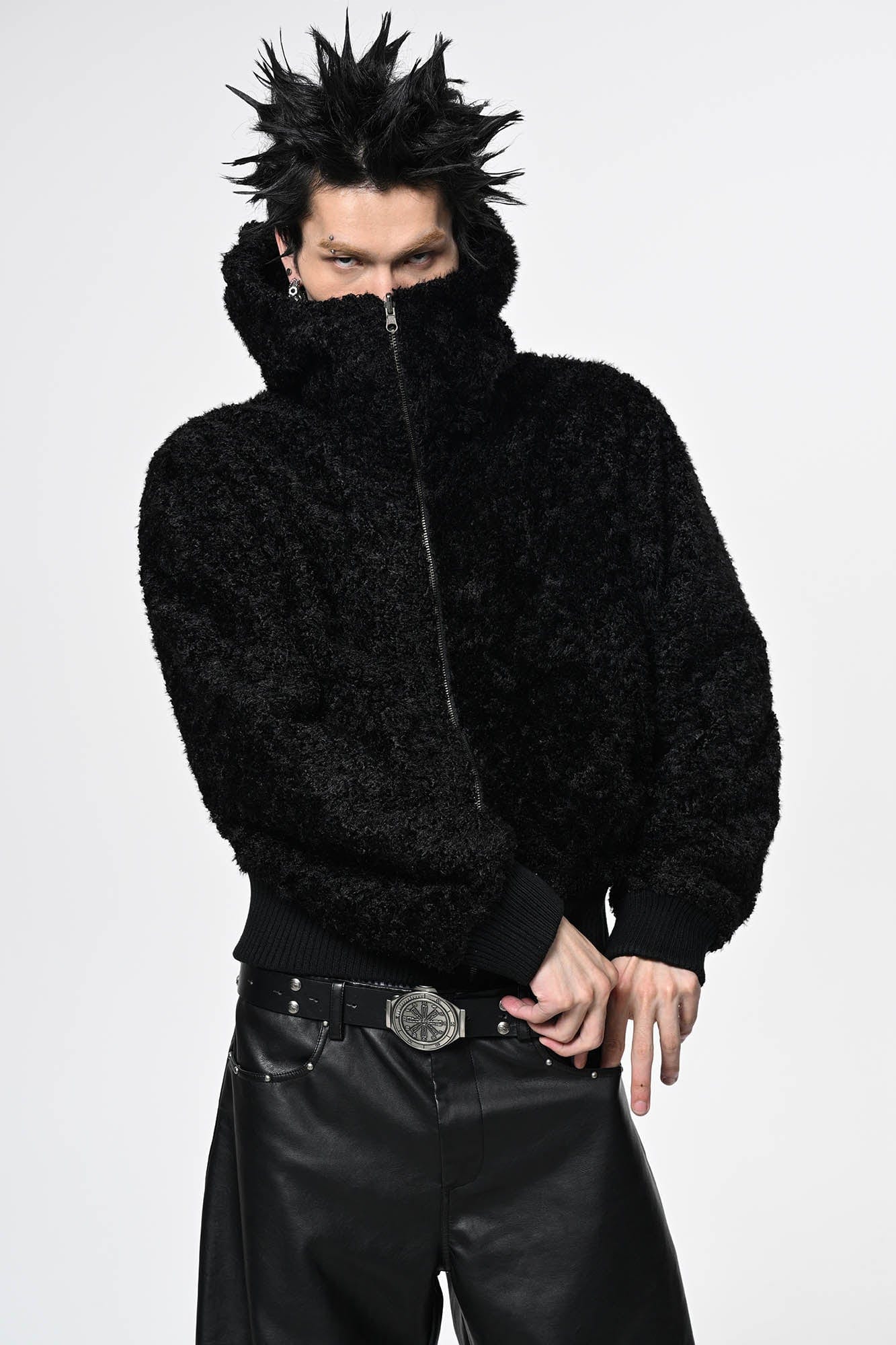 SAVAGEGROWTHWORLD Demon Horn Sherpa Cropped Zip-Up Hoodie