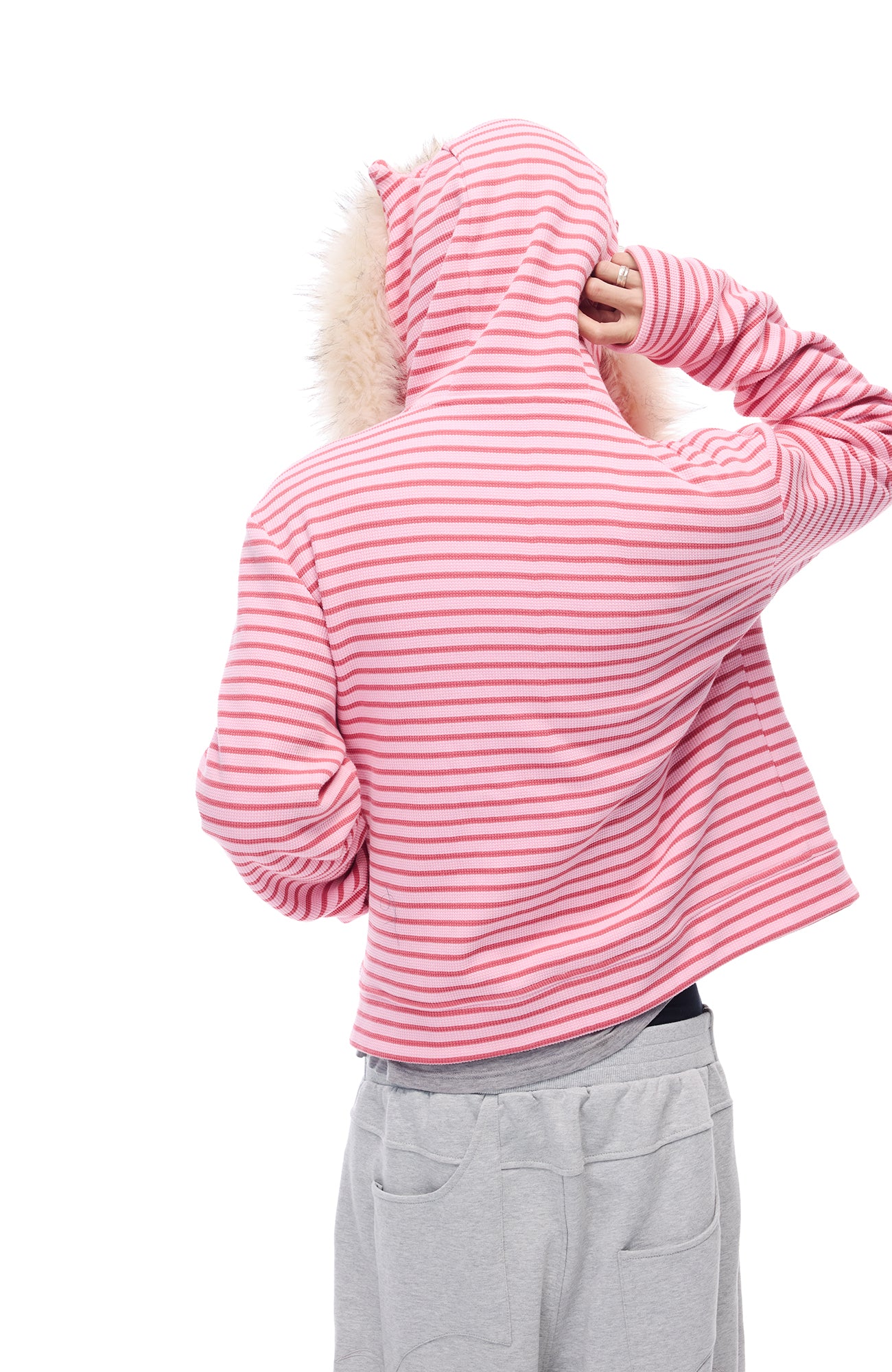 WHISTLEHUNTER Striped Detachable-Fur Hooded Jacket