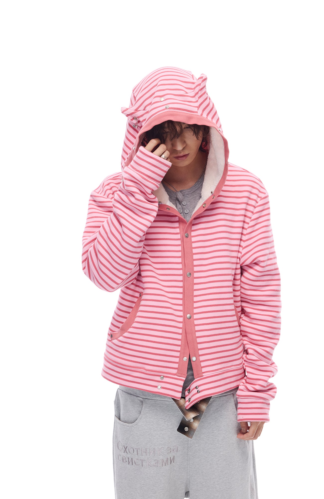 WHISTLEHUNTER Striped Detachable-Fur Hooded Jacket