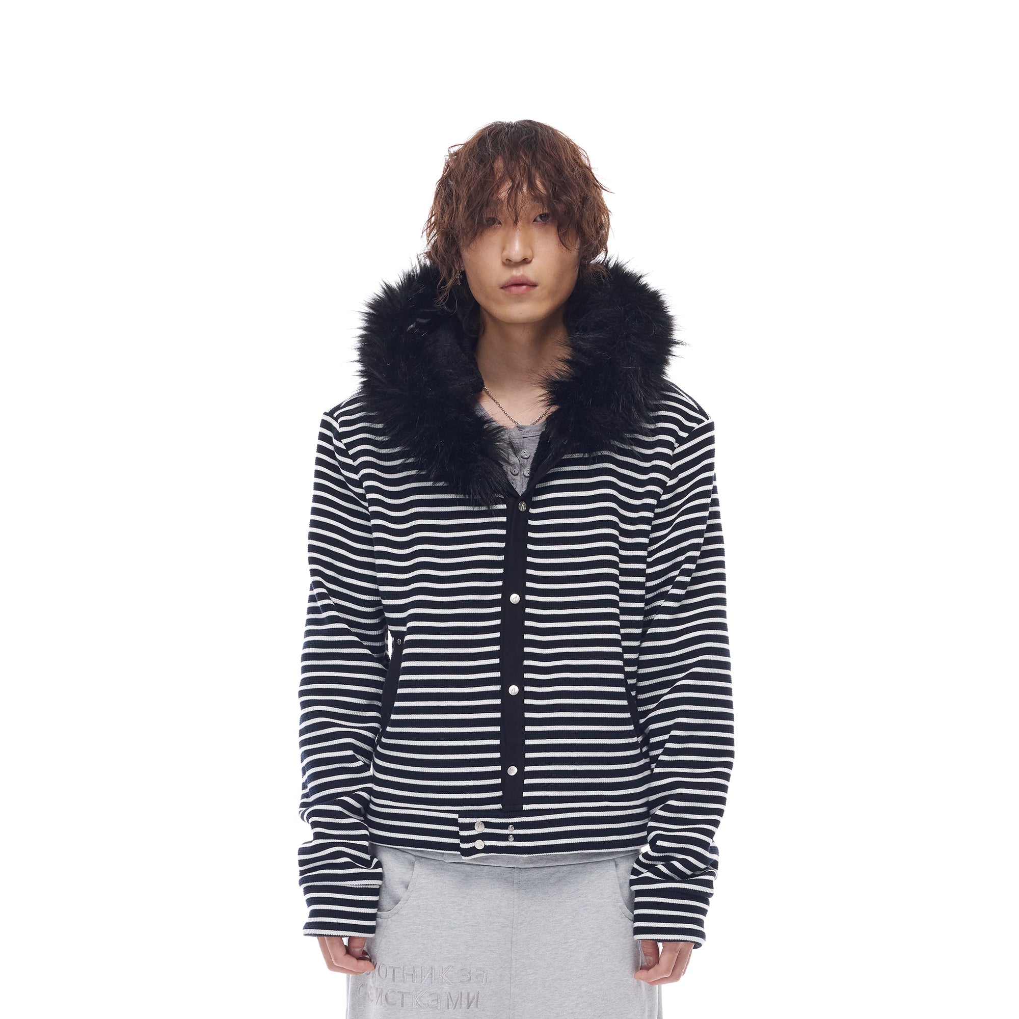 WHISTLEHUNTER Striped Detachable-Fur Hooded Jacket