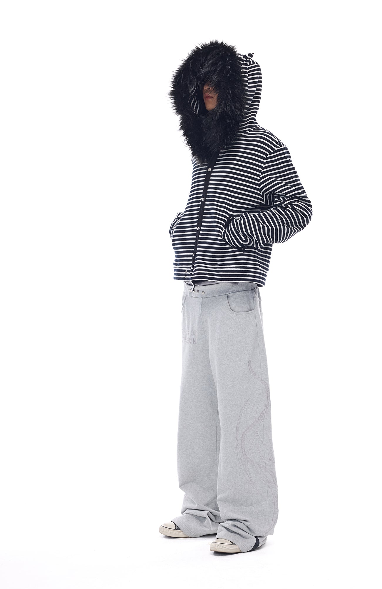 WHISTLEHUNTER Striped Detachable-Fur Hooded Jacket