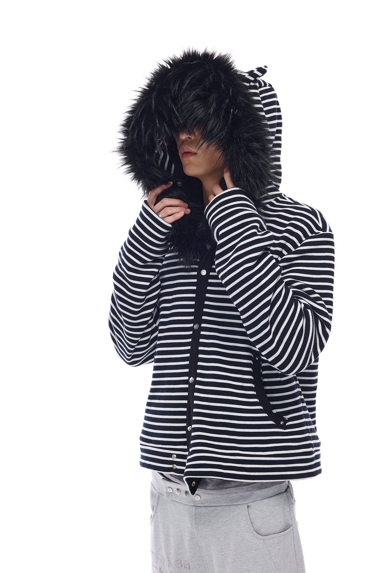 WHISTLEHUNTER Striped Detachable-Fur Hooded Jacket