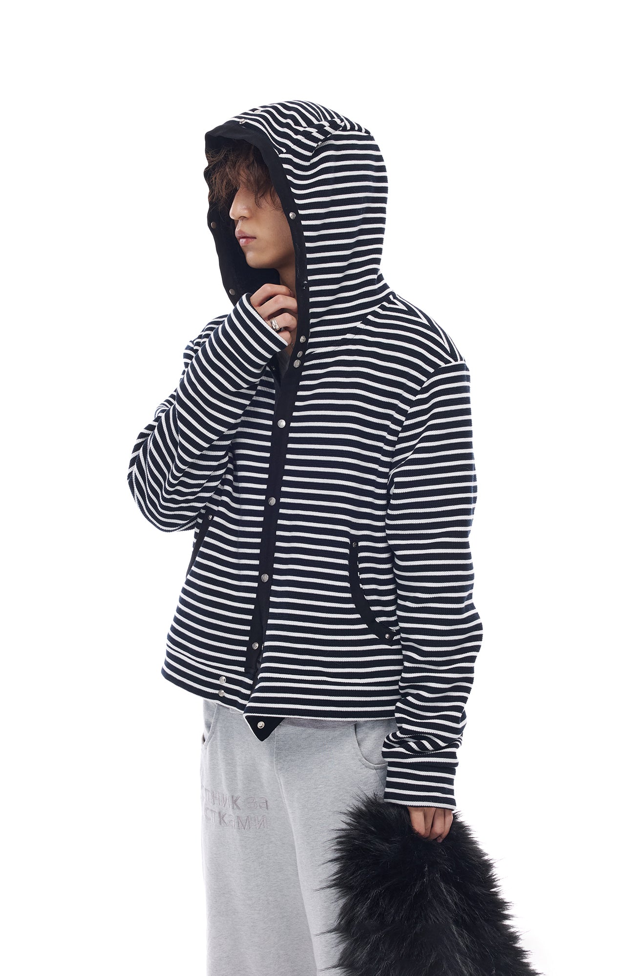 WHISTLEHUNTER Striped Detachable-Fur Hooded Jacket