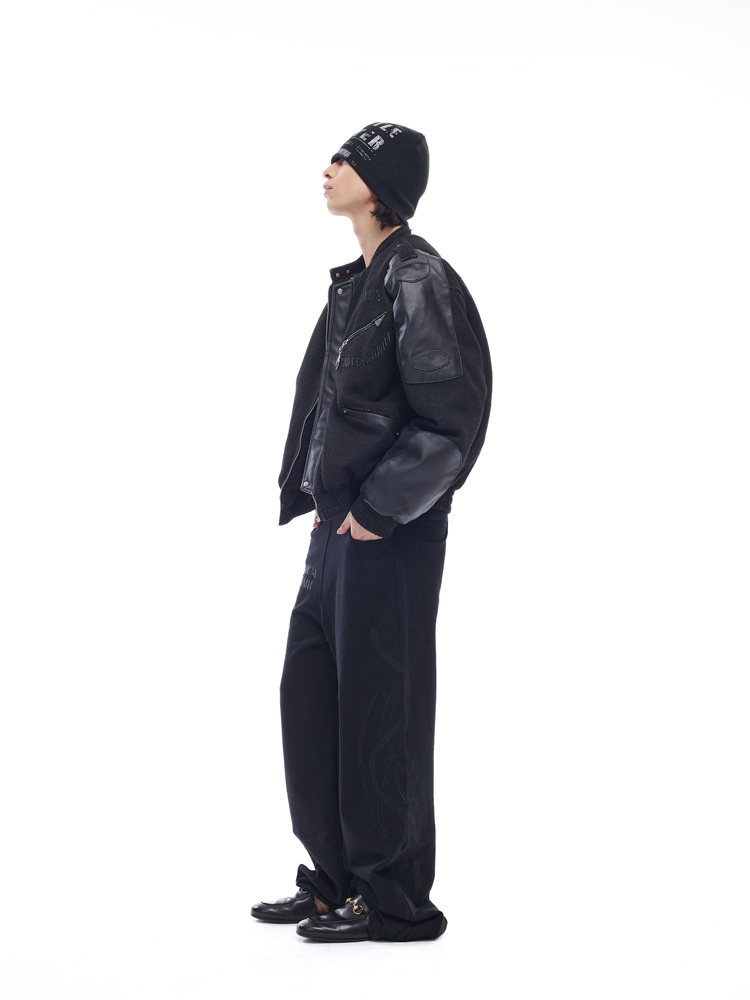 WHISTLEHUNTER Faux Leather-Panel Utility Bomber Jacket