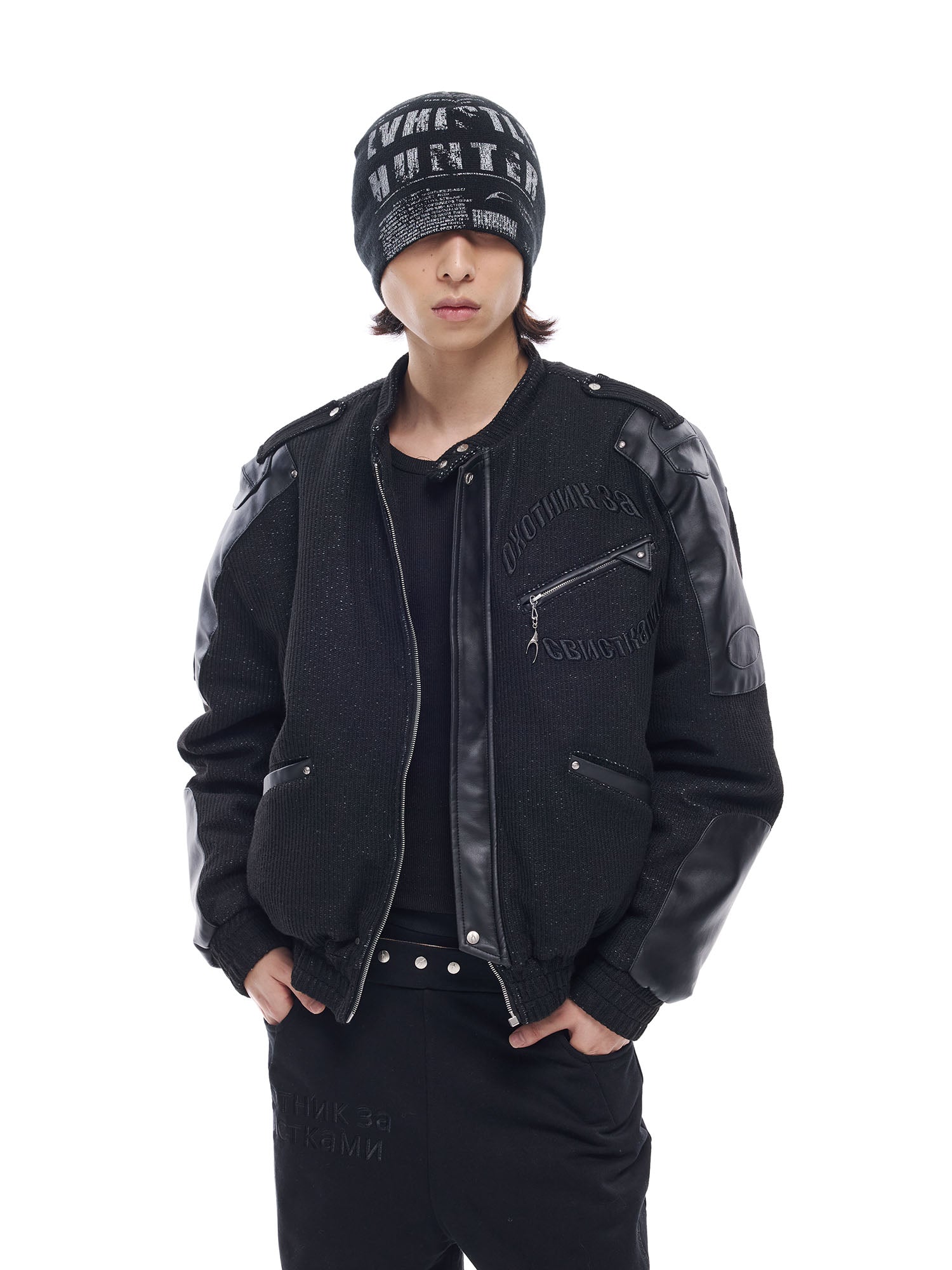 WHISTLEHUNTER Faux Leather-Panel Utility Bomber Jacket