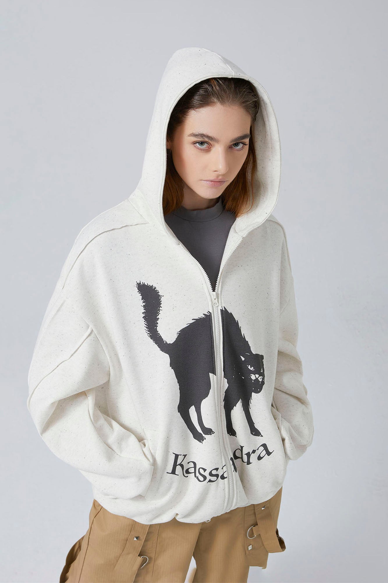 ERROR CODE ROBOT Black Cat Graphic Oversized Zip-Up Hoodie, premium urban and streetwear designers apparel on PROJECTISR.com, ERROR CODE ROBOT