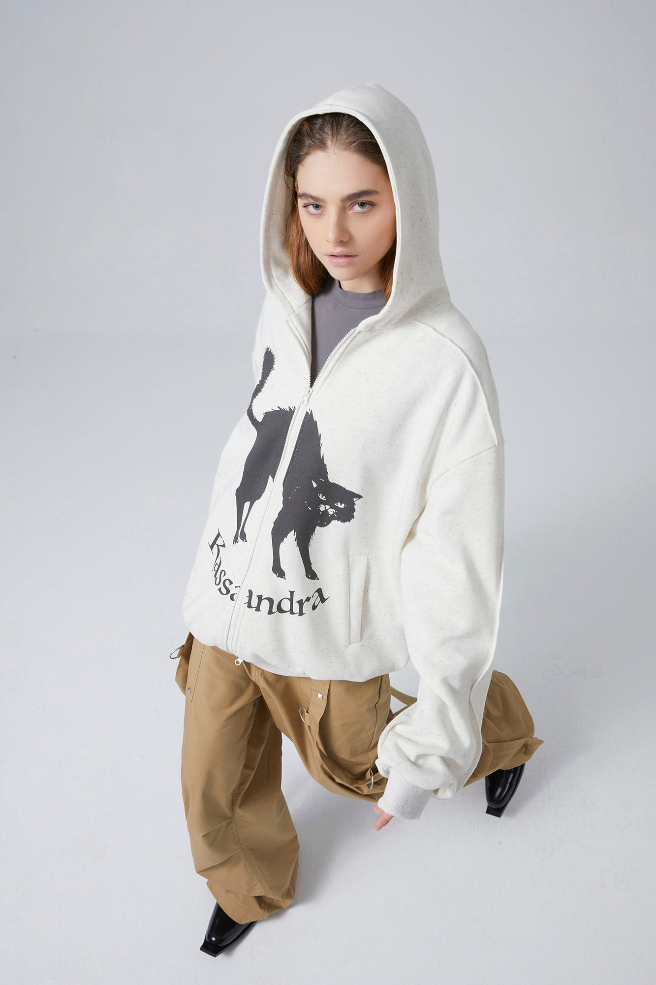 ERROR CODE ROBOT Black Cat Graphic Oversized Zip-Up Hoodie, premium urban and streetwear designers apparel on PROJECTISR.com, ERROR CODE ROBOT