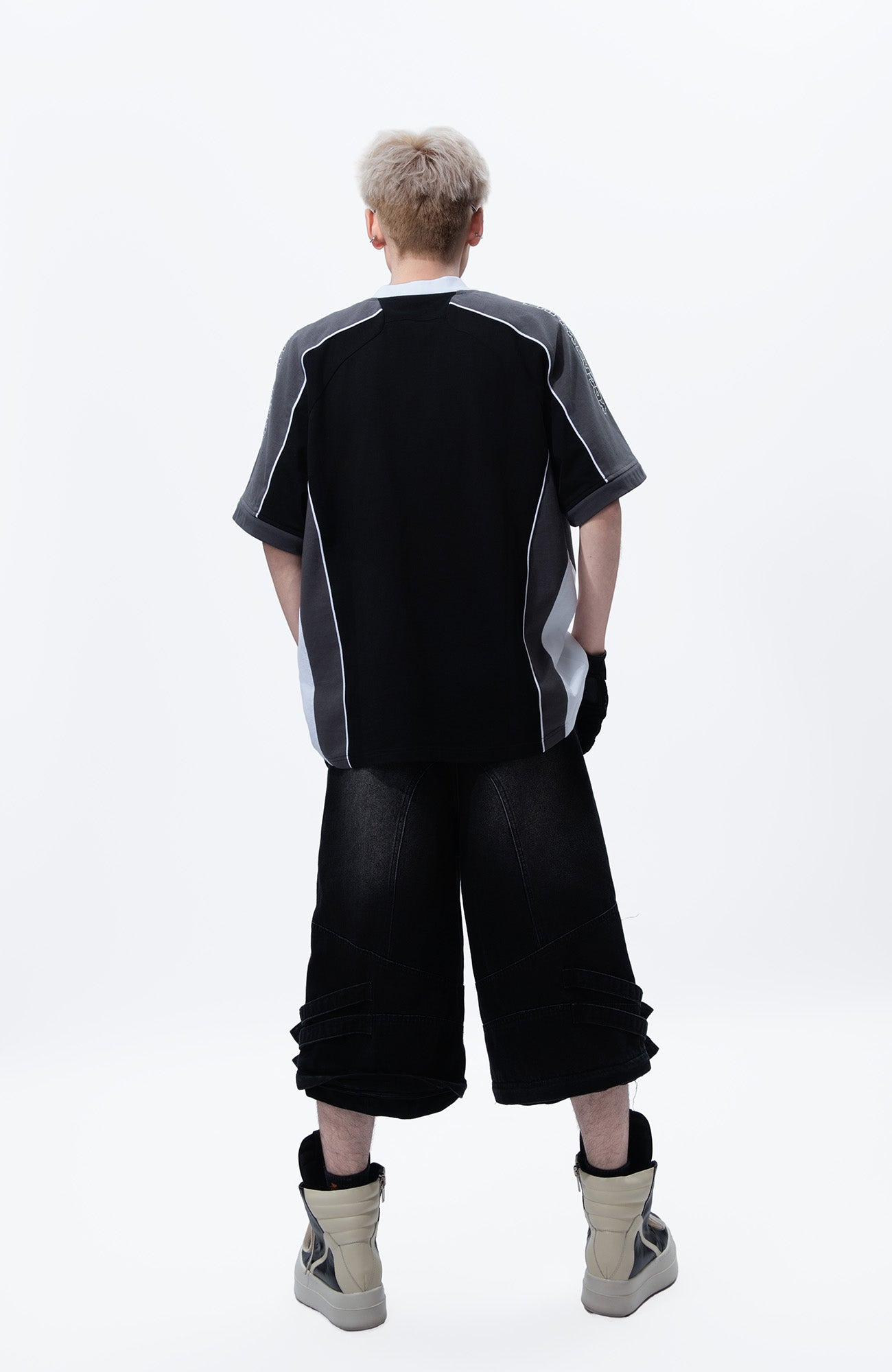 MOGONGSHE Detachable Drape-Strap Washed Jeans