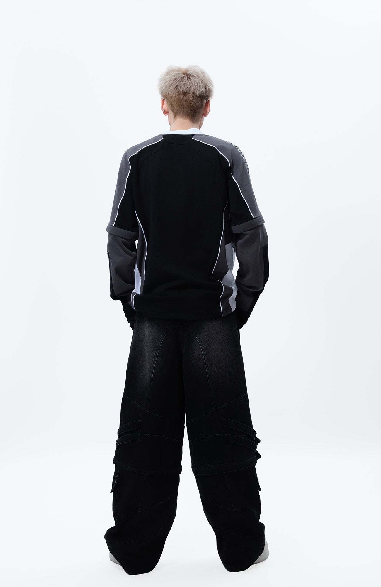 MOGONGSHE Detachable Drape-Strap Washed Jeans