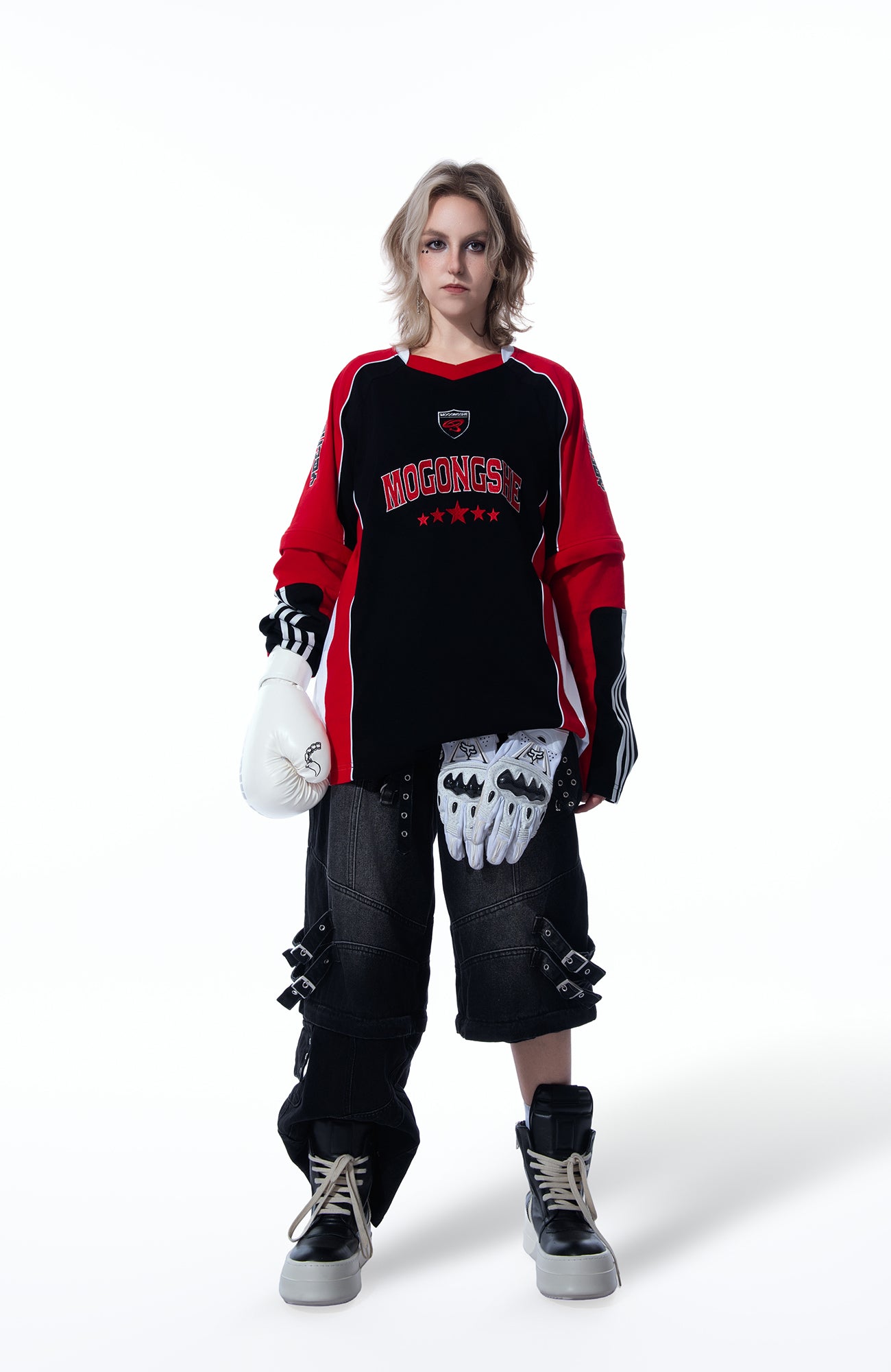 MOGONGSHE Detachable Drape-Strap Washed Jeans