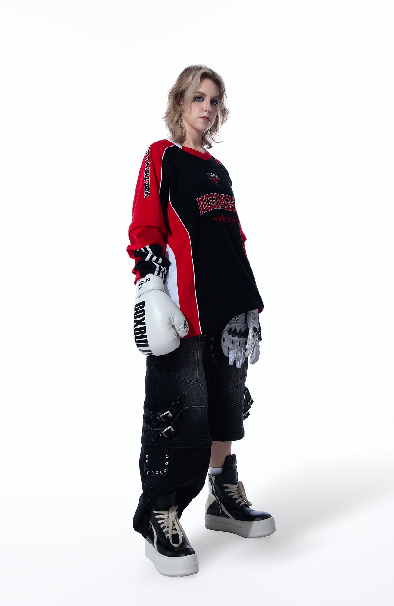 MOGONGSHE Detachable Drape-Strap Washed Jeans