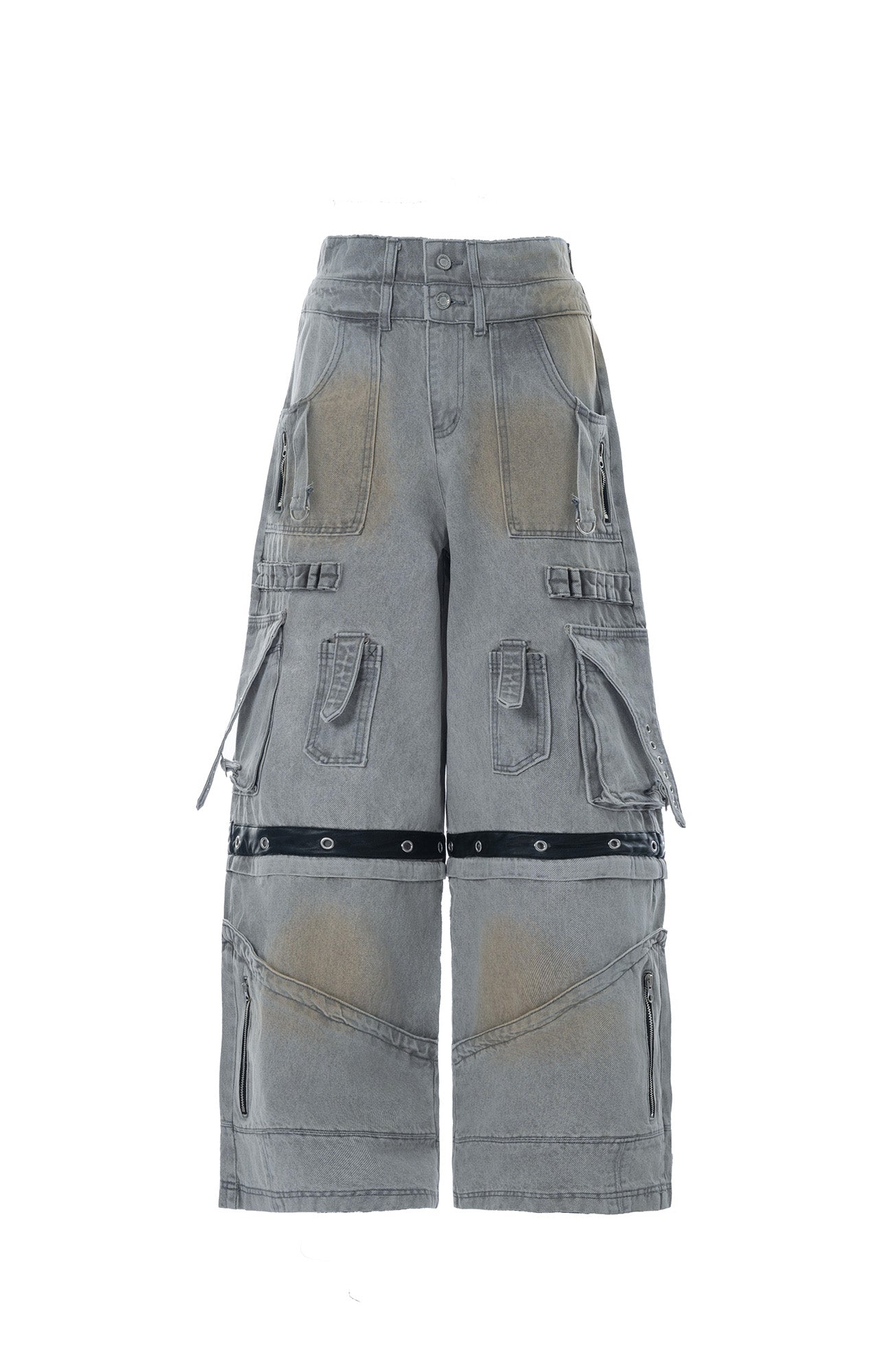 MOGONGSHE Detachable Bleach Washed Utility Cargo Jeans