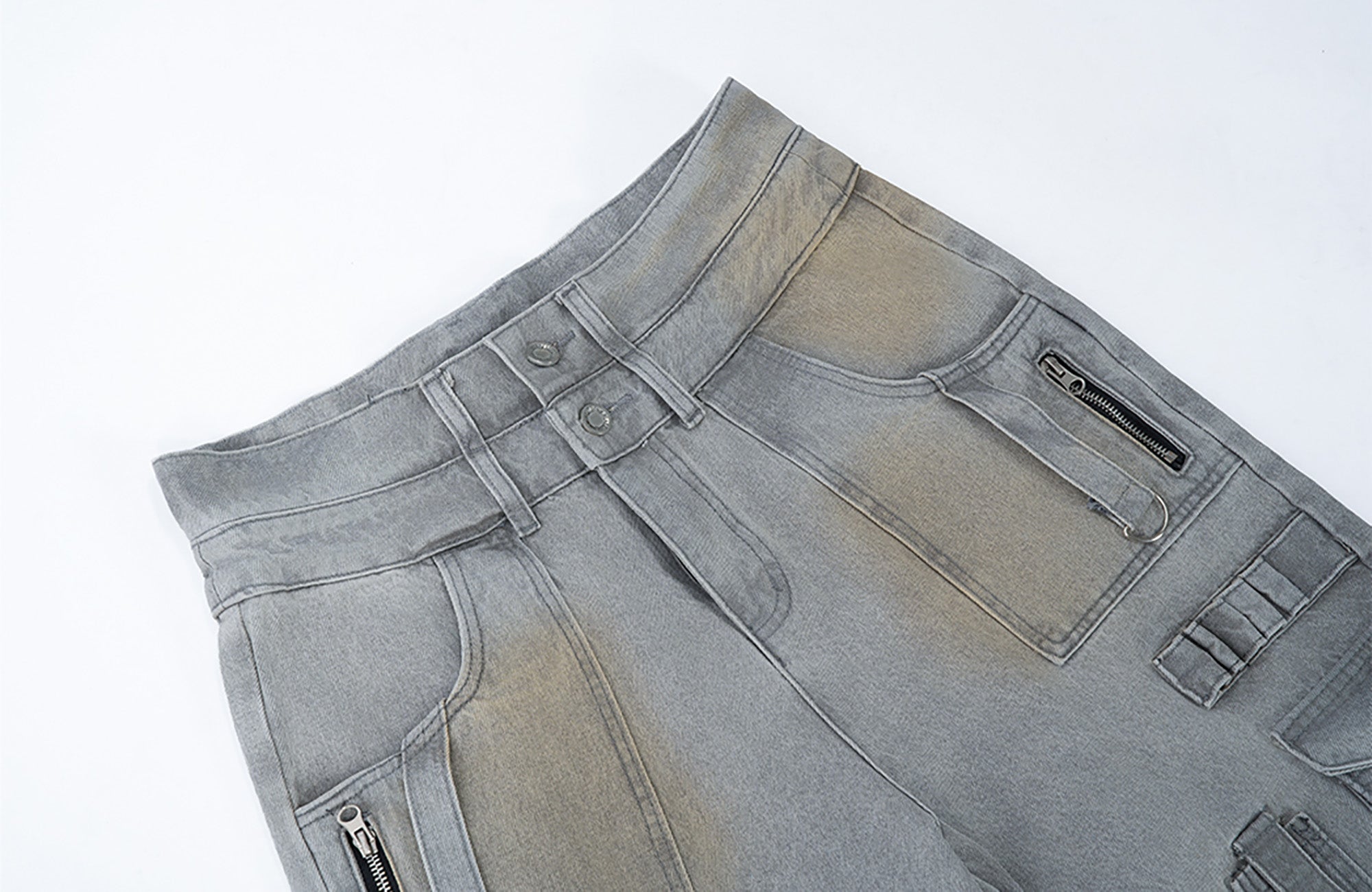 MOGONGSHE Detachable Bleach Washed Utility Cargo Jeans