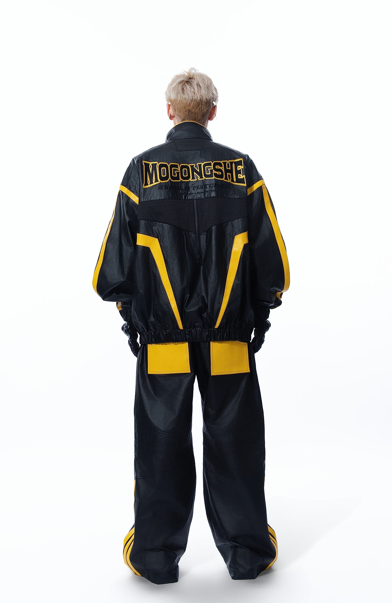 MOGONGSHE Contrast Stripe PU Wide-Leg Pants