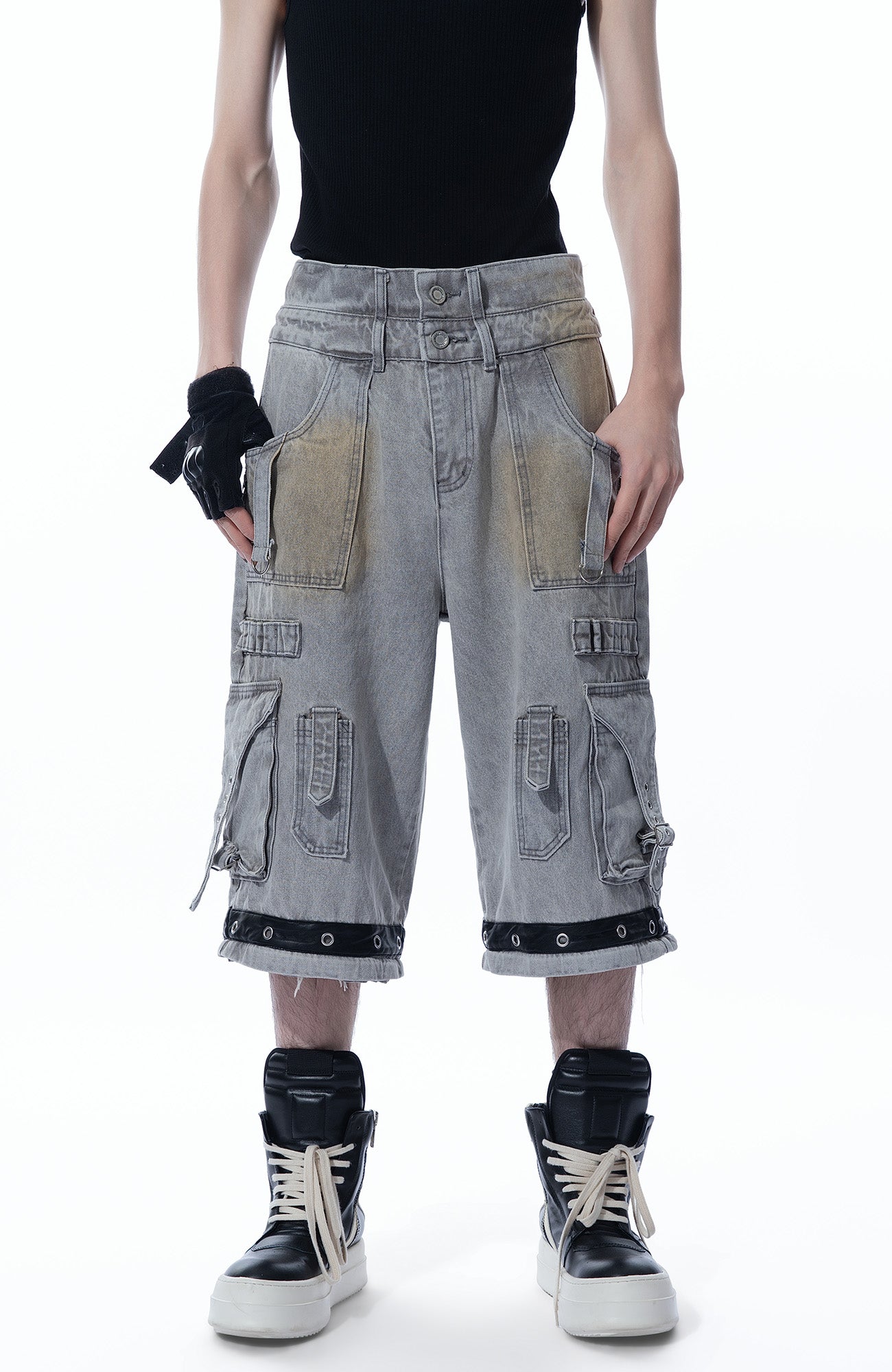 MOGONGSHE Detachable Bleach Washed Utility Cargo Jeans